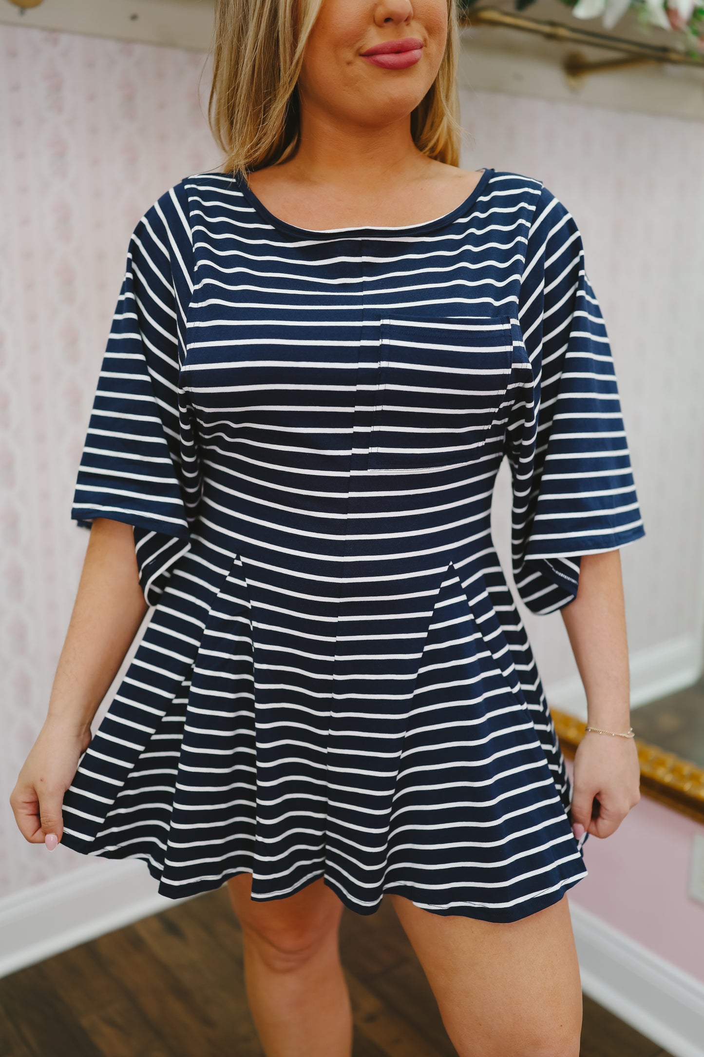 Sarah Striped Front Pocket Romper - Navy