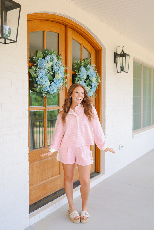 Nicole Ruffle Henley Lounge Short Set - Pink