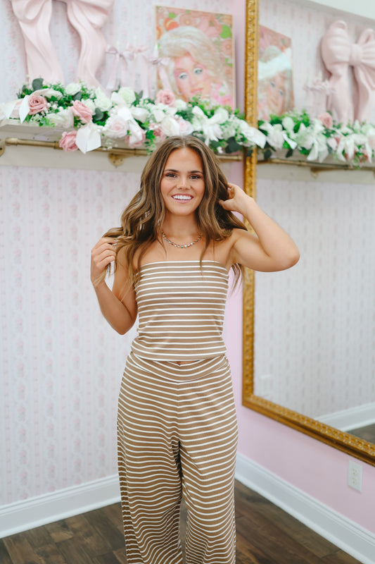 Selah Striped Tube Top & Wide Leg Pants Set - Mocha/White