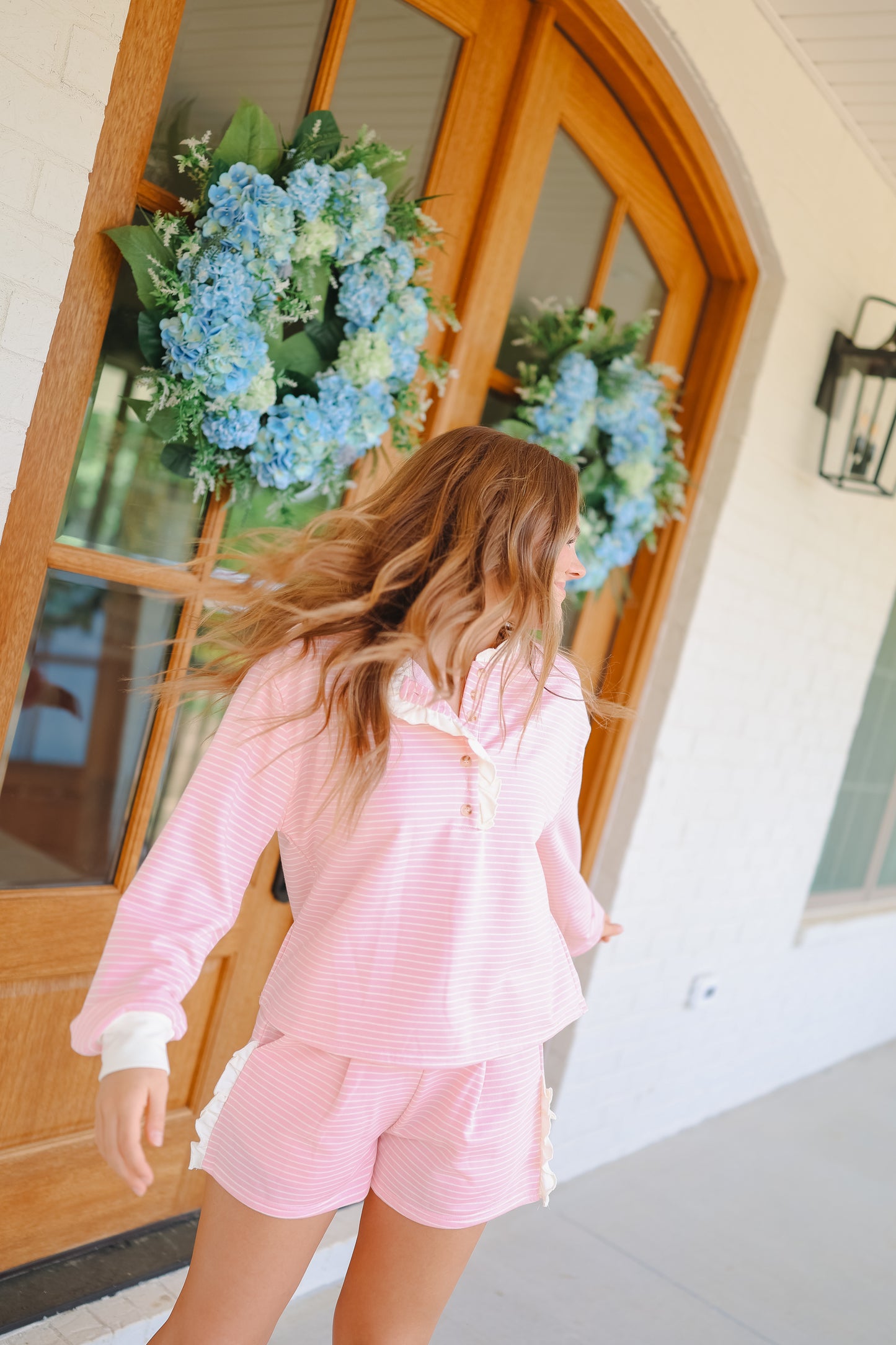 Nicole Ruffle Henley Lounge Short Set - Pink