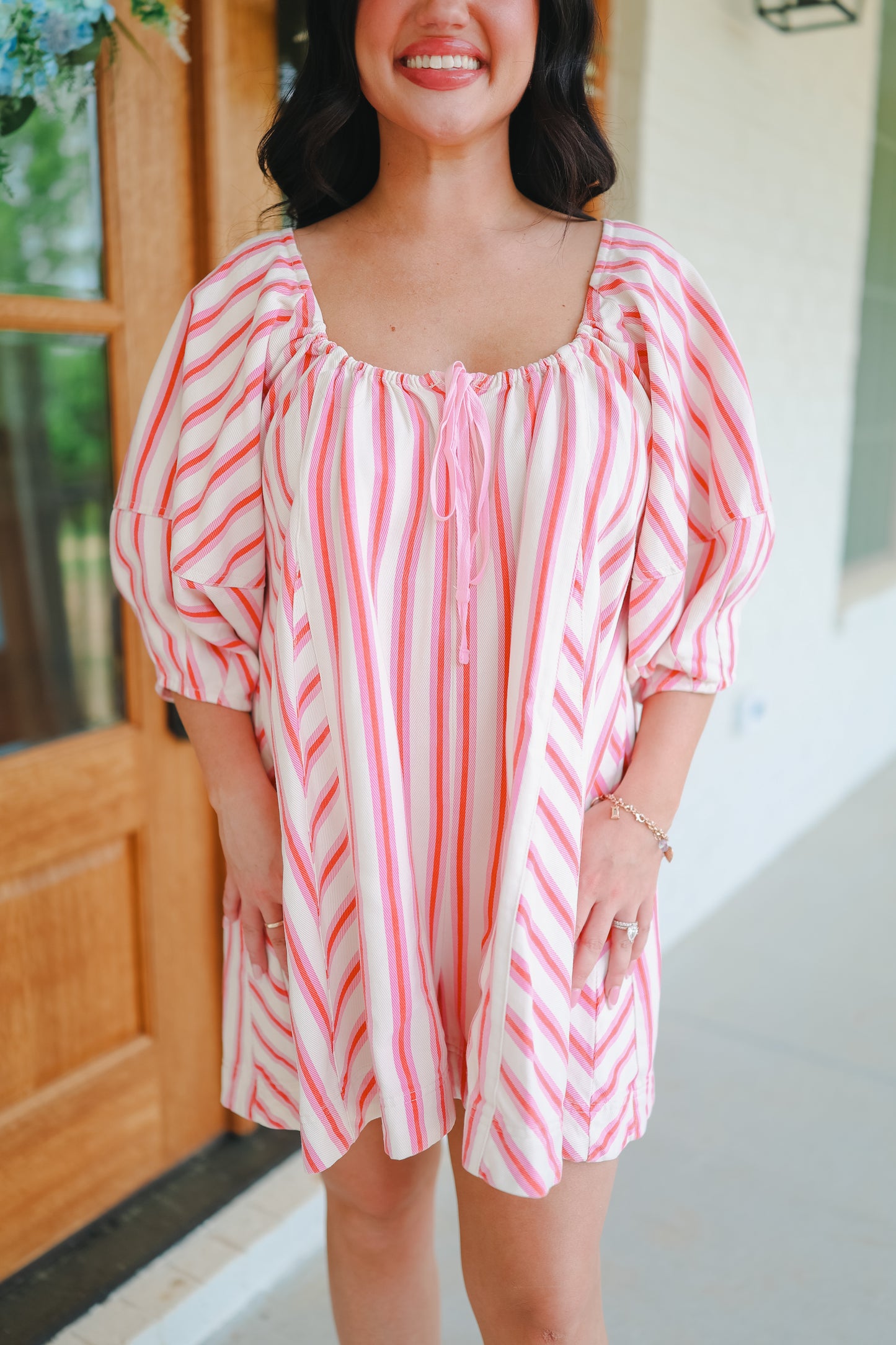 Richelle Multi Stripe Twill Denim Bubble Romper - Pink