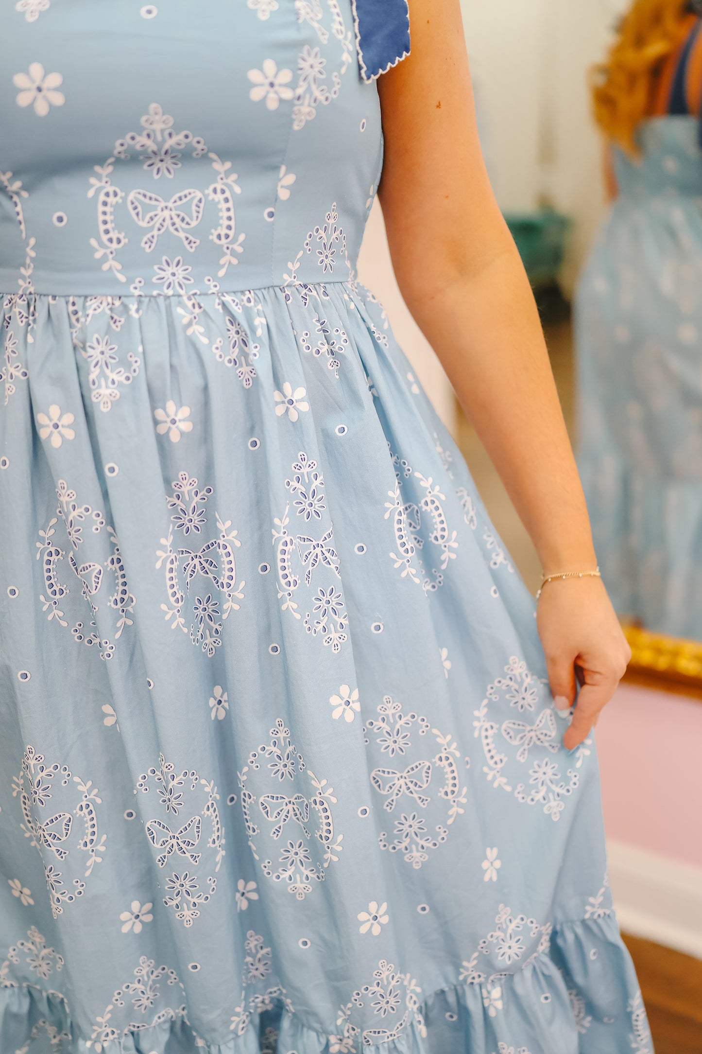 Briana Embroidered Strap Eyelet Midi Dress - Blue