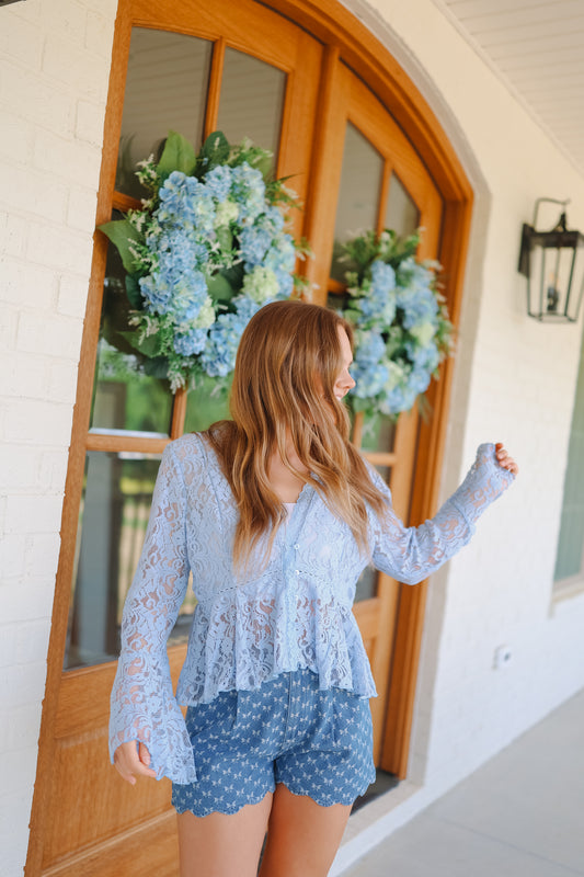 Rae Lace V-Neck Button Up Blouse - Light Blue