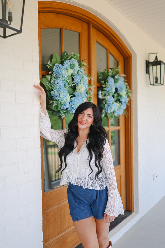 Rae Lace V-Neck Button Up Blouse - Ivory