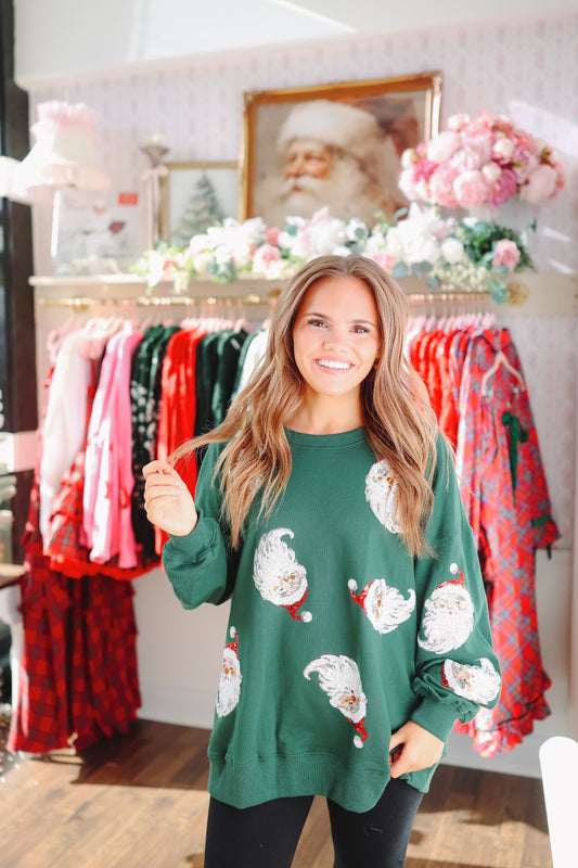 Santa's Sweetheart Sequin Pullover - Hunter Green