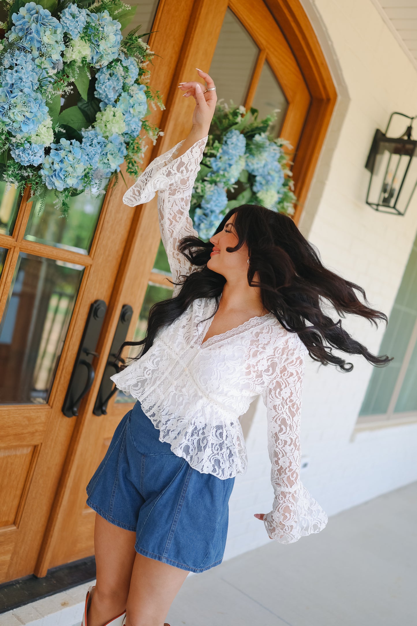 Rae Lace V-Neck Button Up Blouse - Ivory