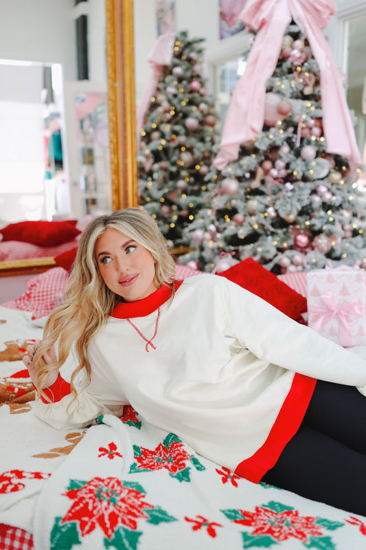 Merry Vibes Mock Neck Pullover - Cream/Red