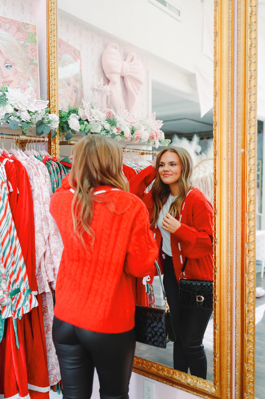 Eve Cable Knit Lace-Up Cardigan - Red