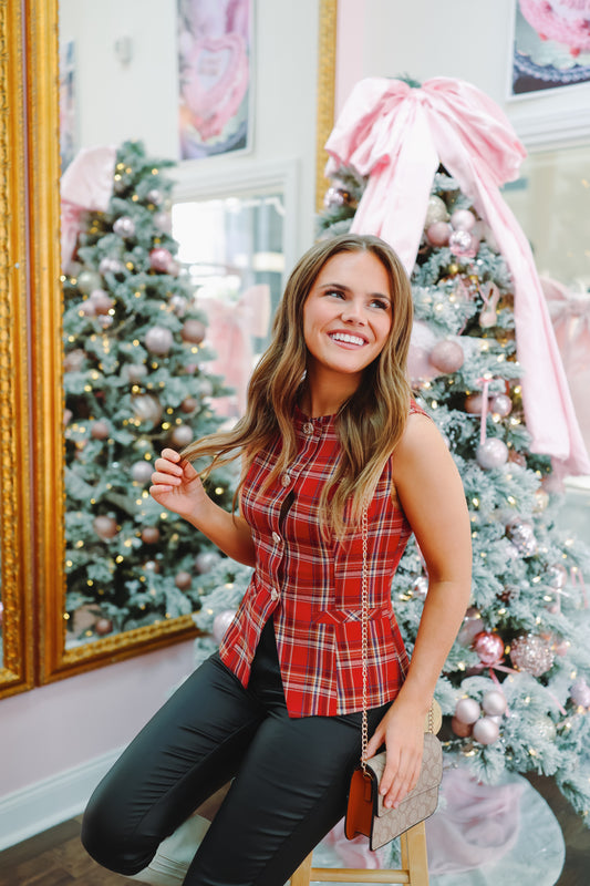 Holly Button Down Plaid Vest - Red