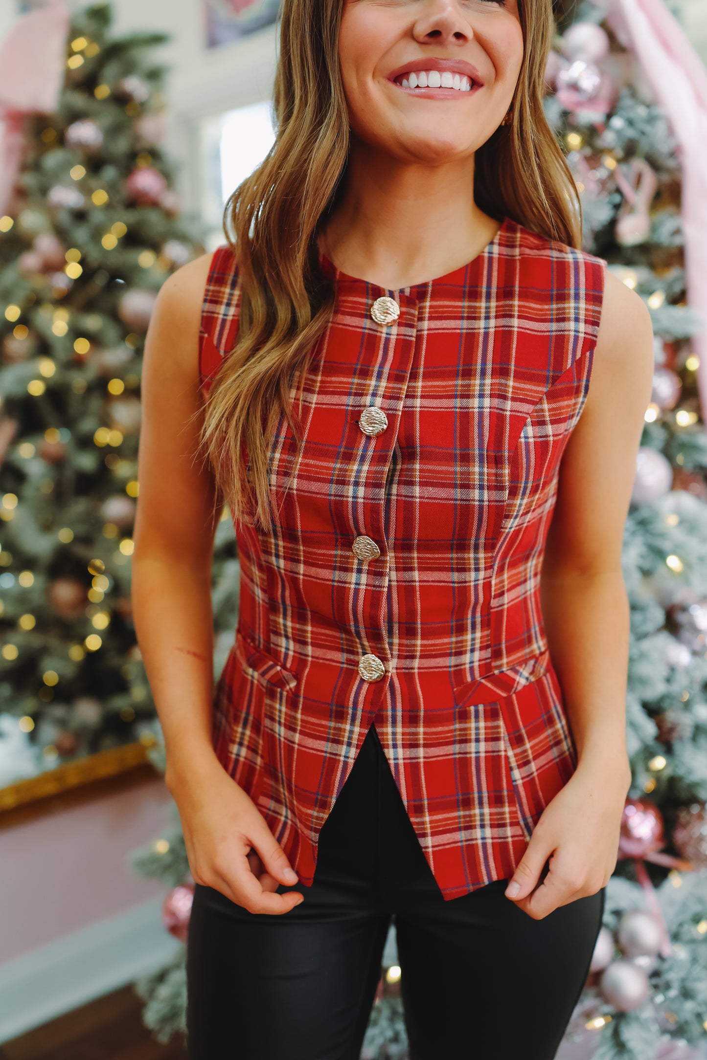 Holly Button Down Plaid Vest - Red