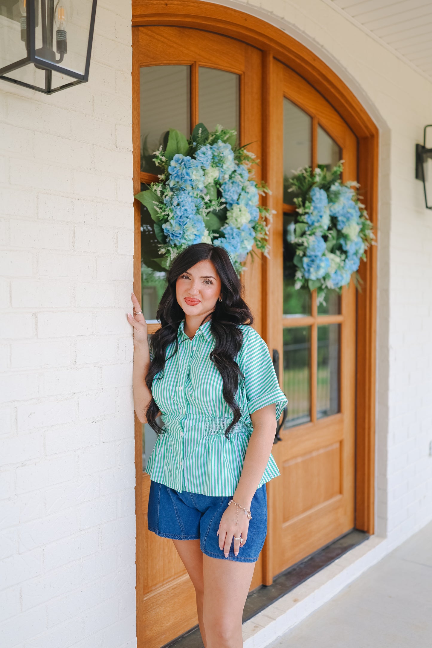 Garner Smocked Striped Dolman Sleeve Top - Green