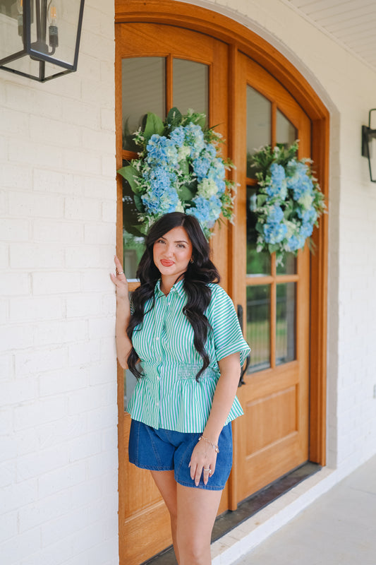 Garner Smocked Striped Dolman Sleeve Top - Green