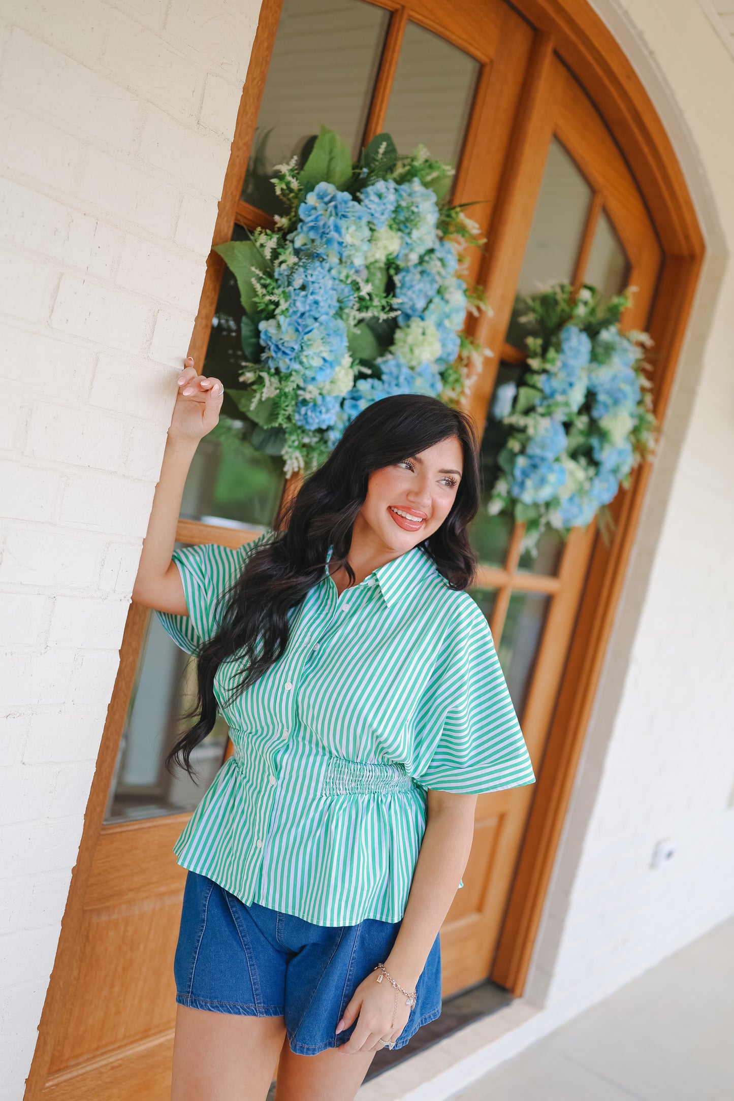 Garner Smocked Striped Dolman Sleeve Top - Green