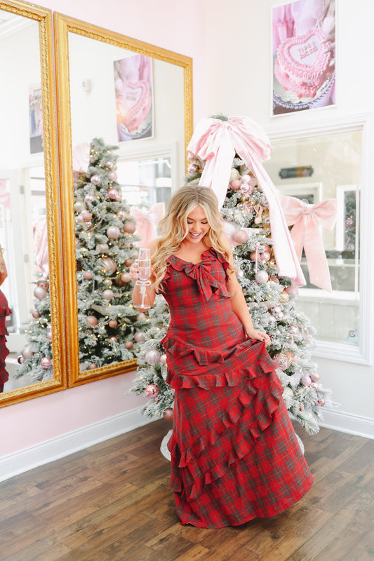 Meet Me Under The Mistletoe Plaid Maxi Dress - Red