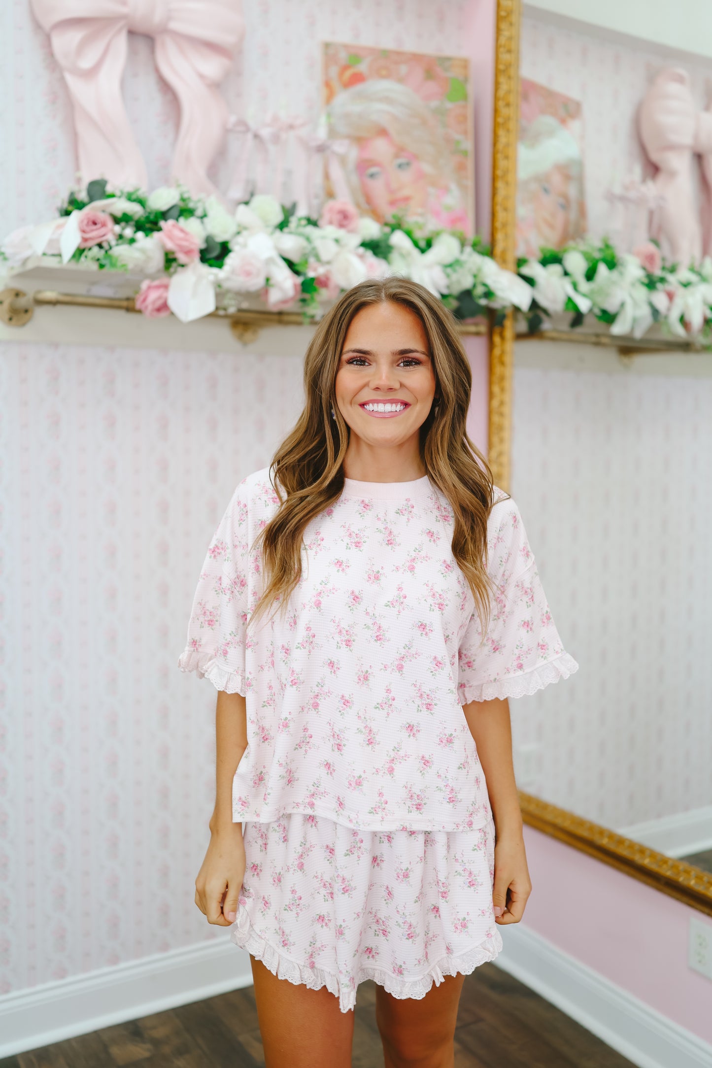 Mya Vintage Floral Waffle Knit Ruffle Lounge Set - Pink