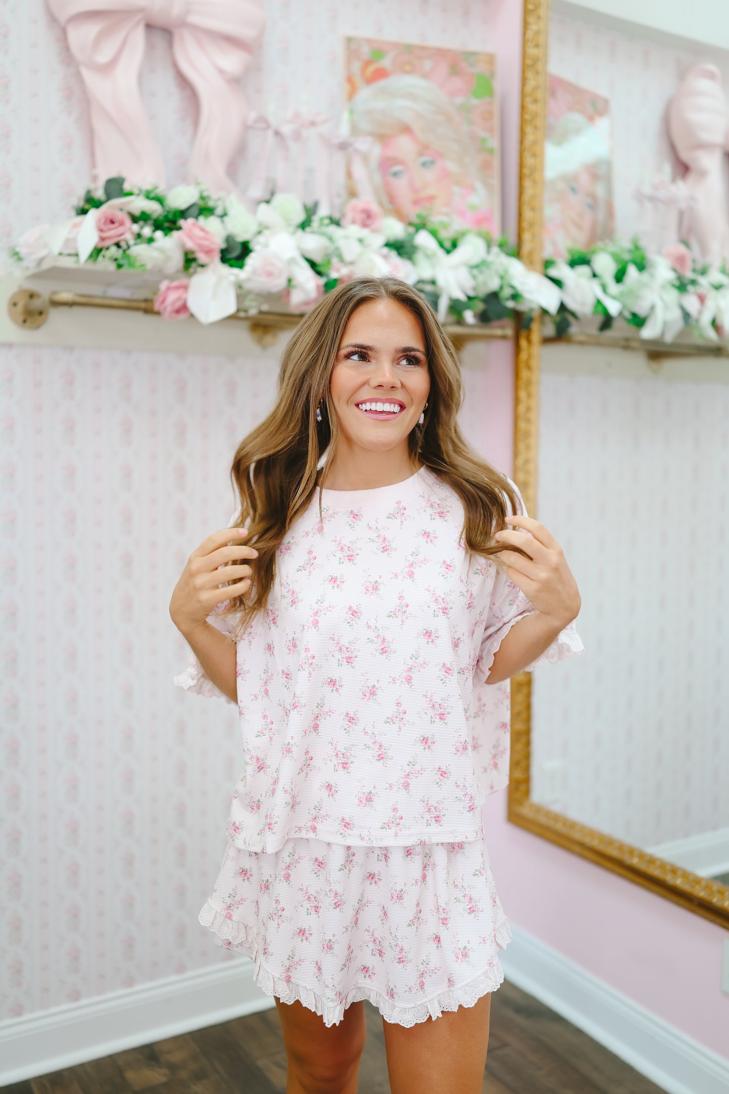 Mya Vintage Floral Waffle Knit Ruffle Lounge Set - Pink