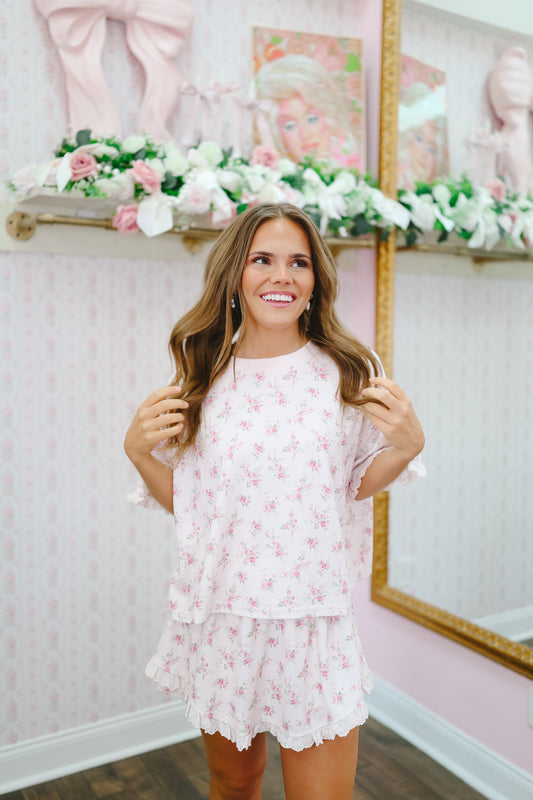 Mya Vintage Floral Waffle Knit Ruffle Lounge Set - Pink