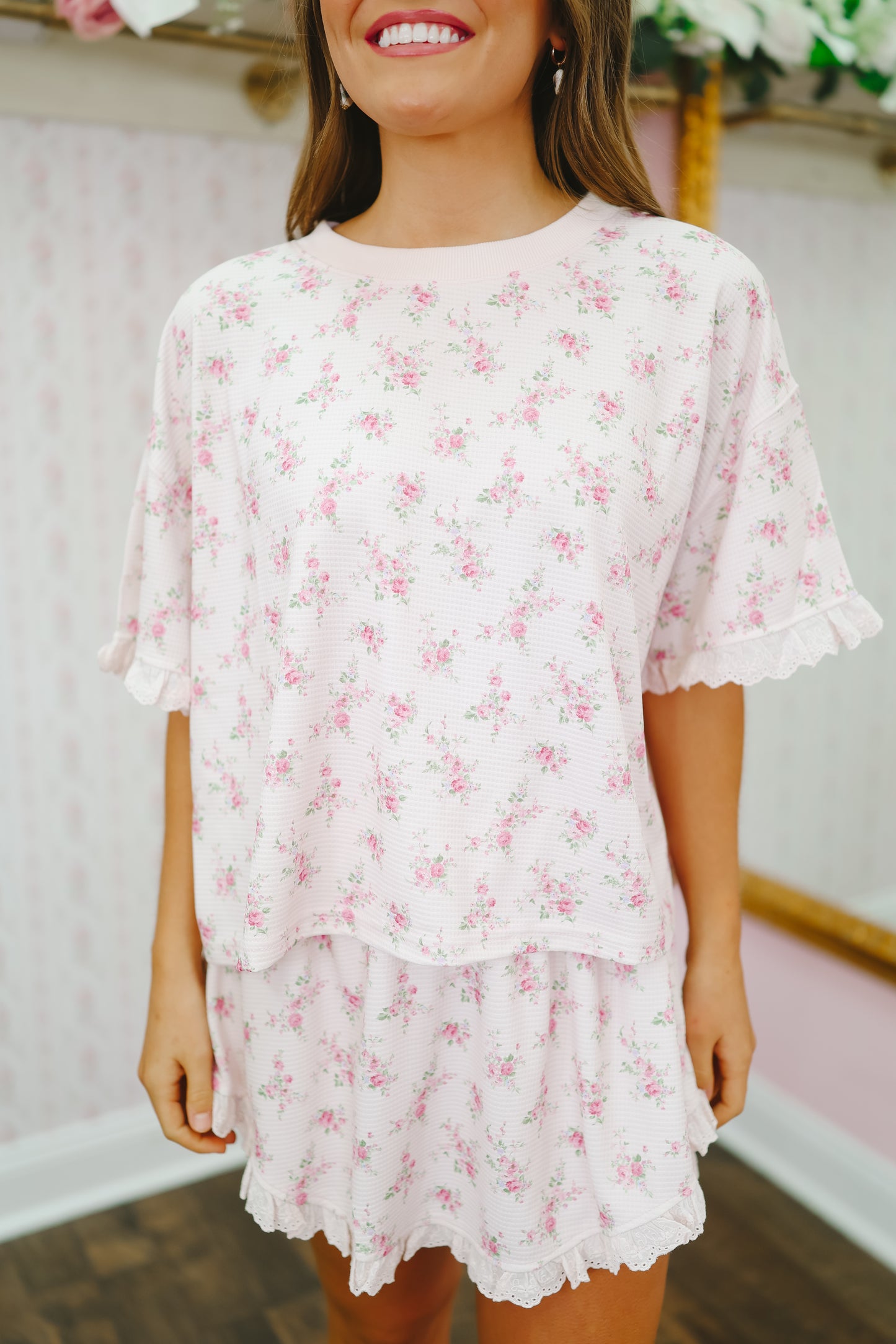Mya Vintage Floral Waffle Knit Ruffle Lounge Set - Pink