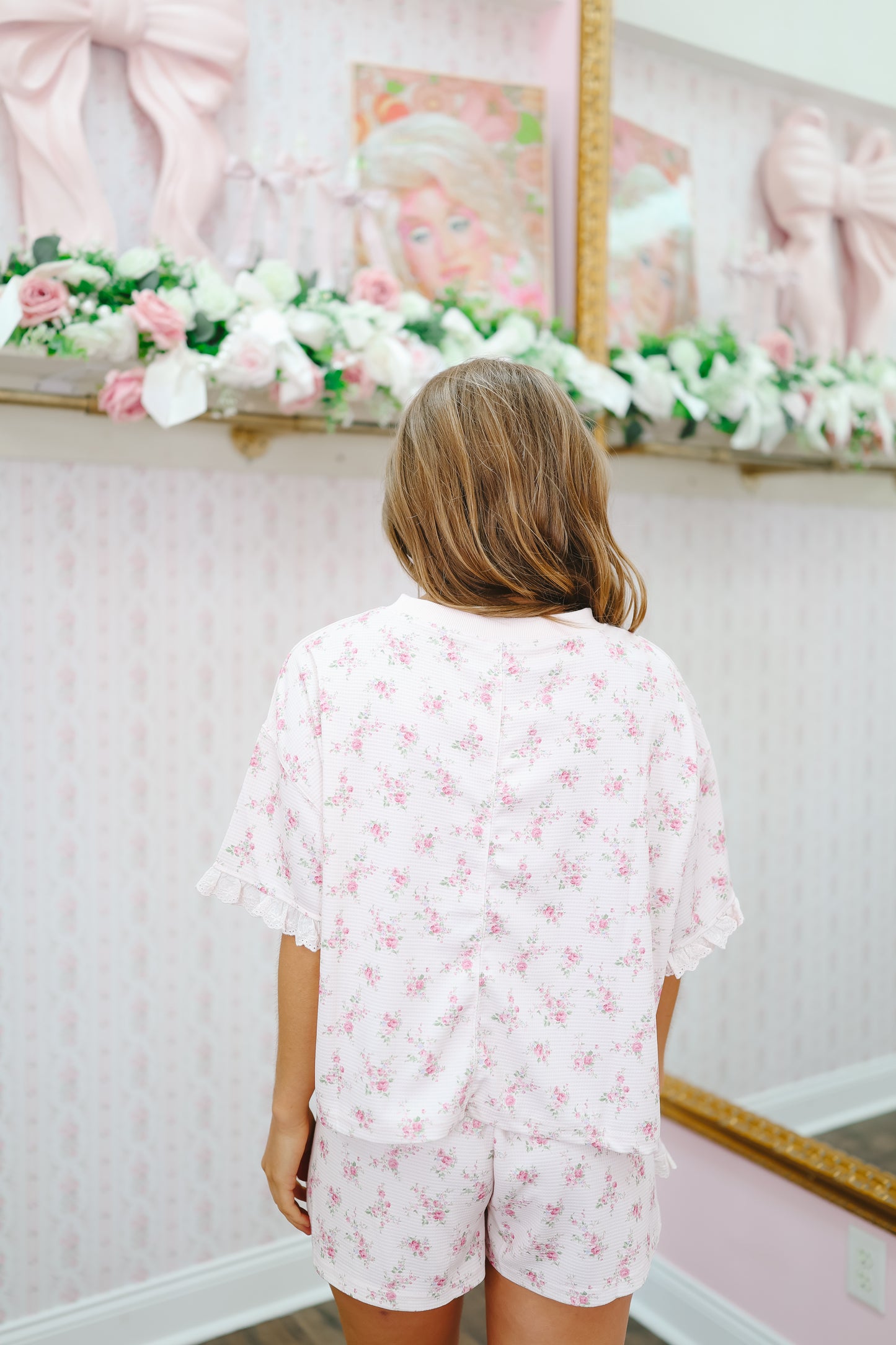 Mya Vintage Floral Waffle Knit Ruffle Lounge Set - Pink