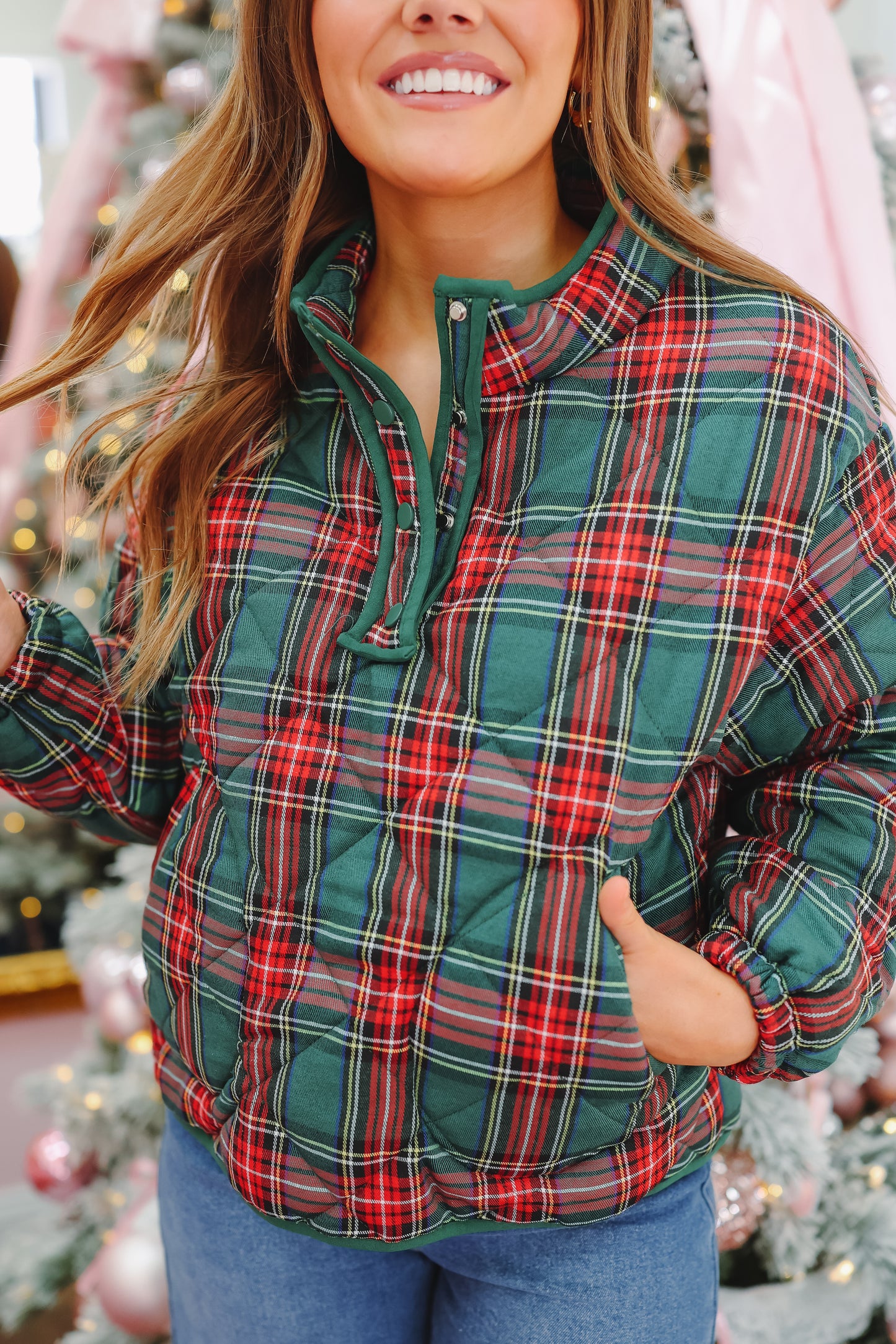 Winter Wonderland Quilted Plaid Pullover - Hunter Green Multi