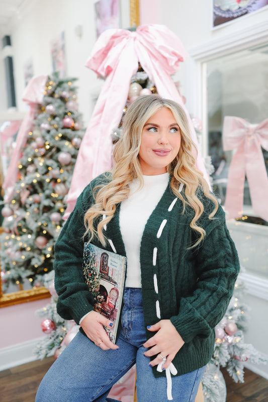 Eve Cable Knit Lace-Up Cardigan - Hunter Green