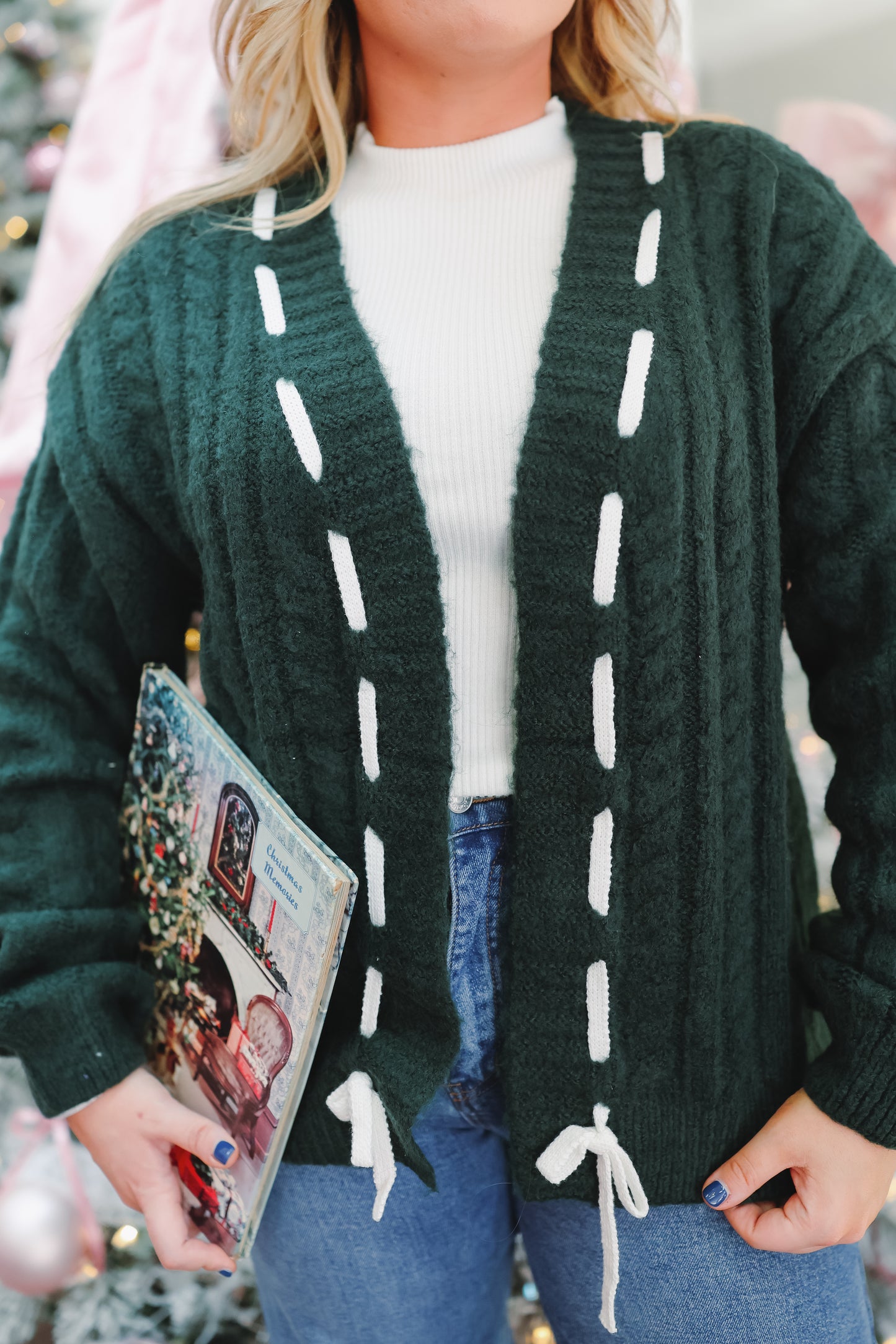 Eve Cable Knit Lace-Up Cardigan - Hunter Green