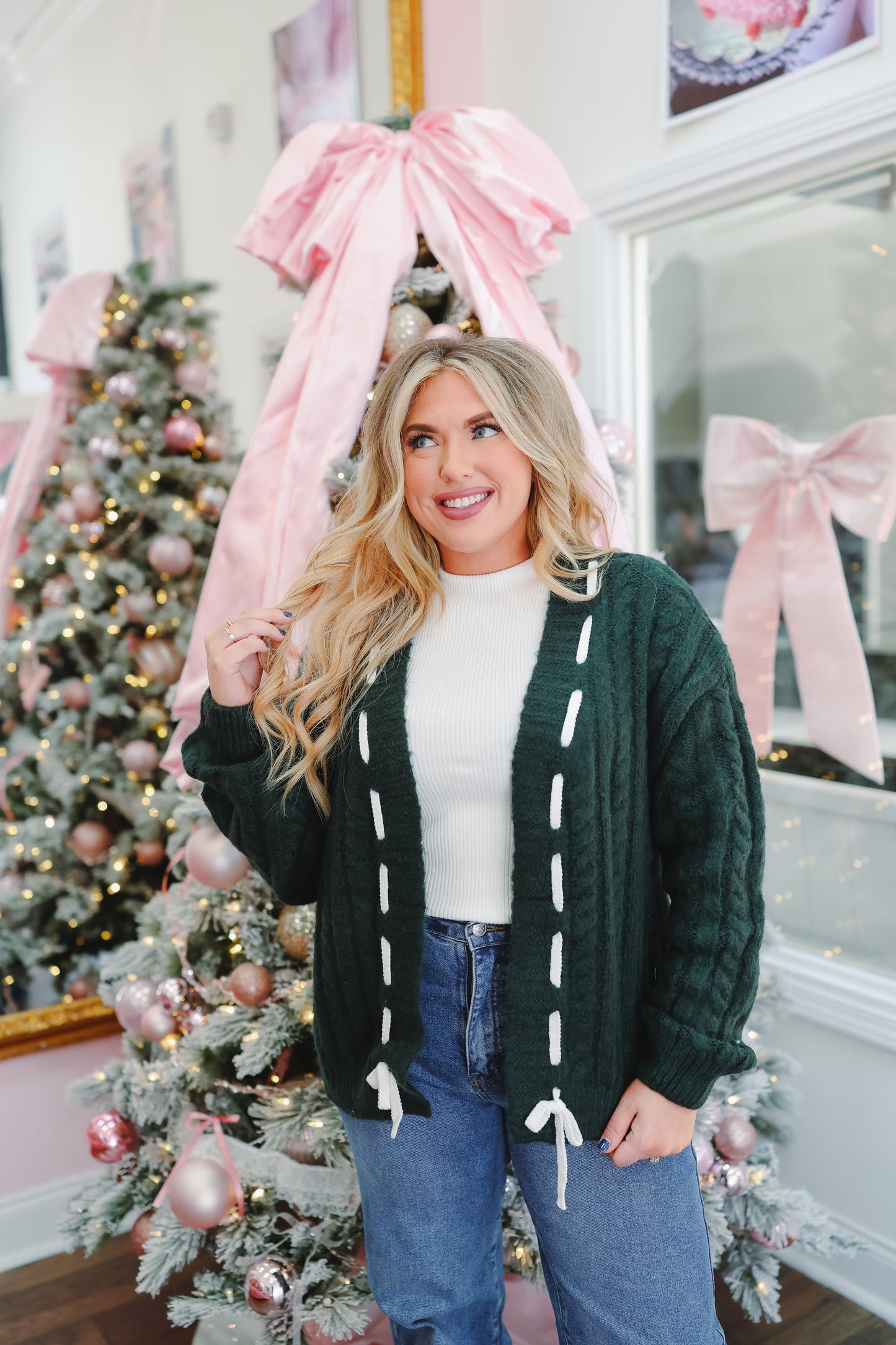 Eve Cable Knit Lace-Up Cardigan - Hunter Green