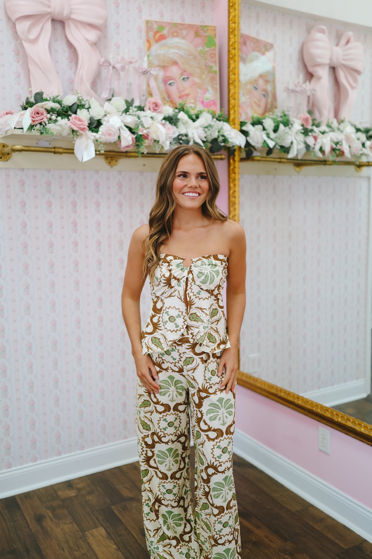 Miranda Palm Printed Tank & Pants Set - Brown/Green