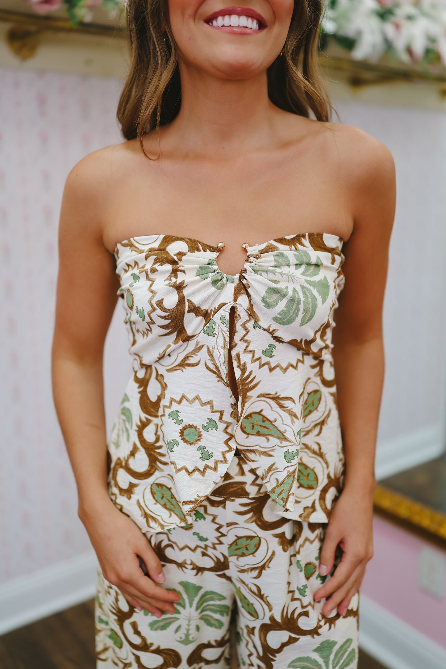 Miranda Palm Printed Tank & Pants Set - Brown/Green