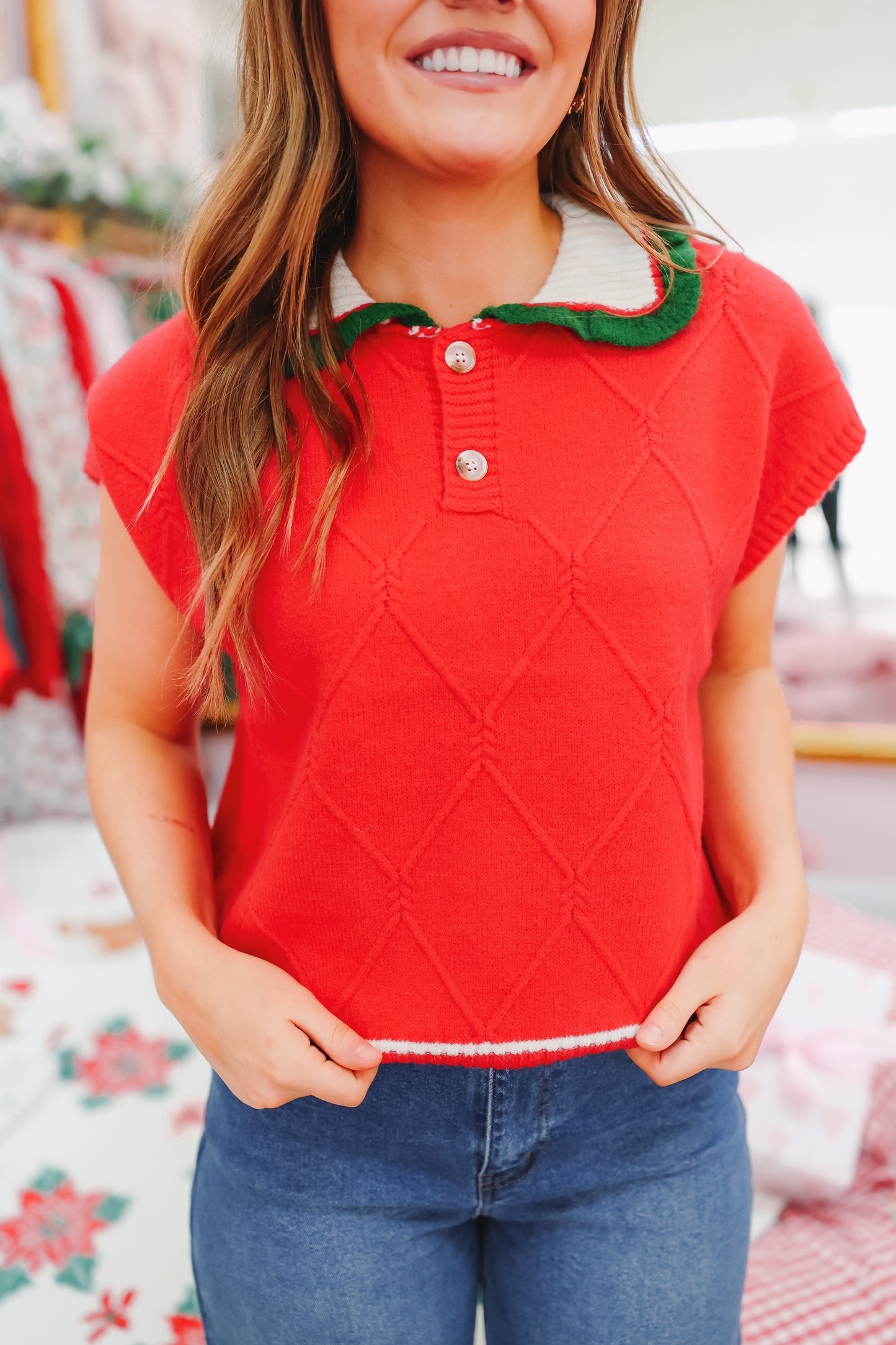 Deck The Halls Ruffled Collared Sweater - Red