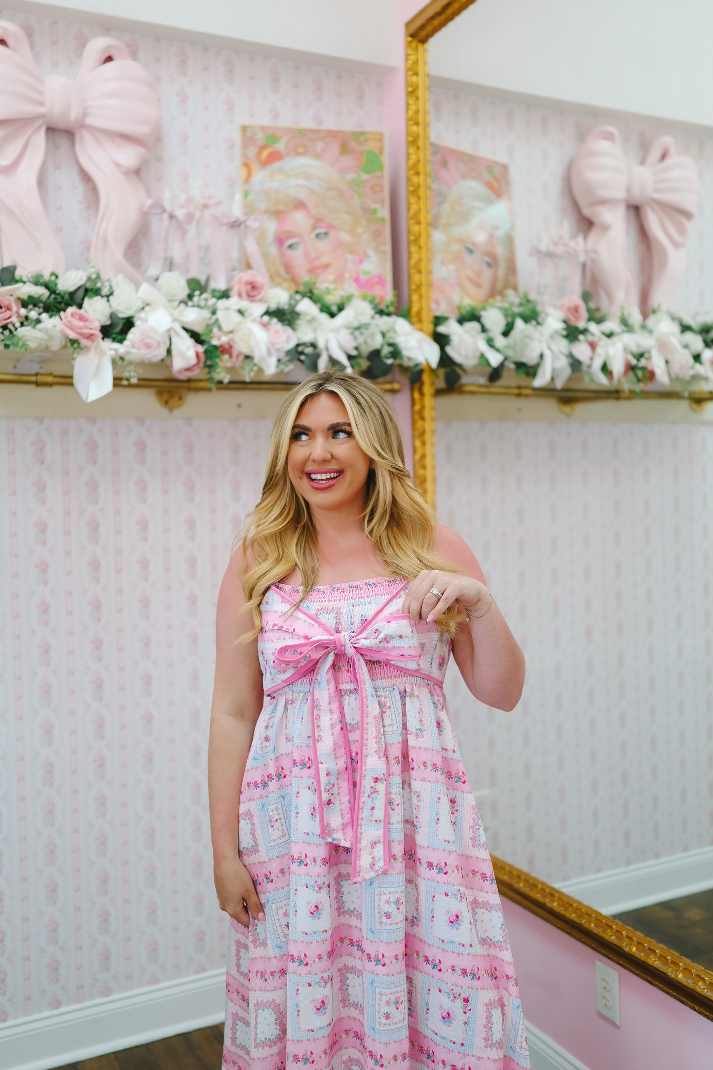 Phoebe Patchwork Floral Bow Midi Dress - Pink