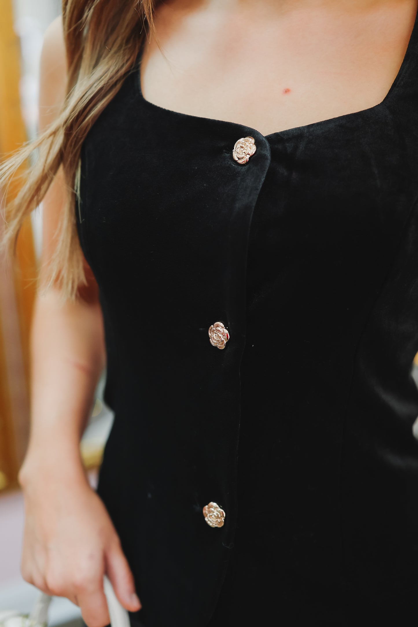Joy Velvet Button Down Vest - Black