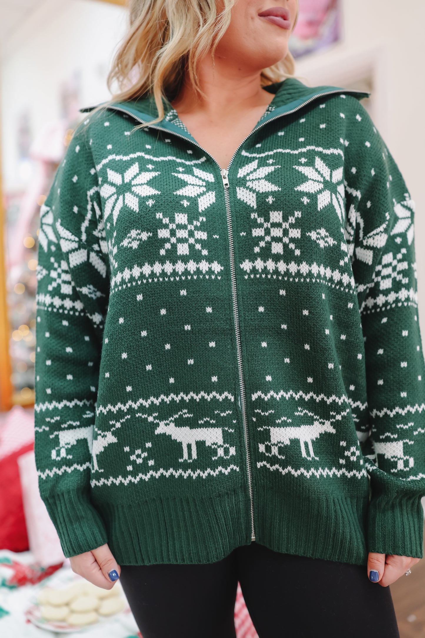 Holiday Cheer Zip-Up Sweater Jacket - Hunter Green