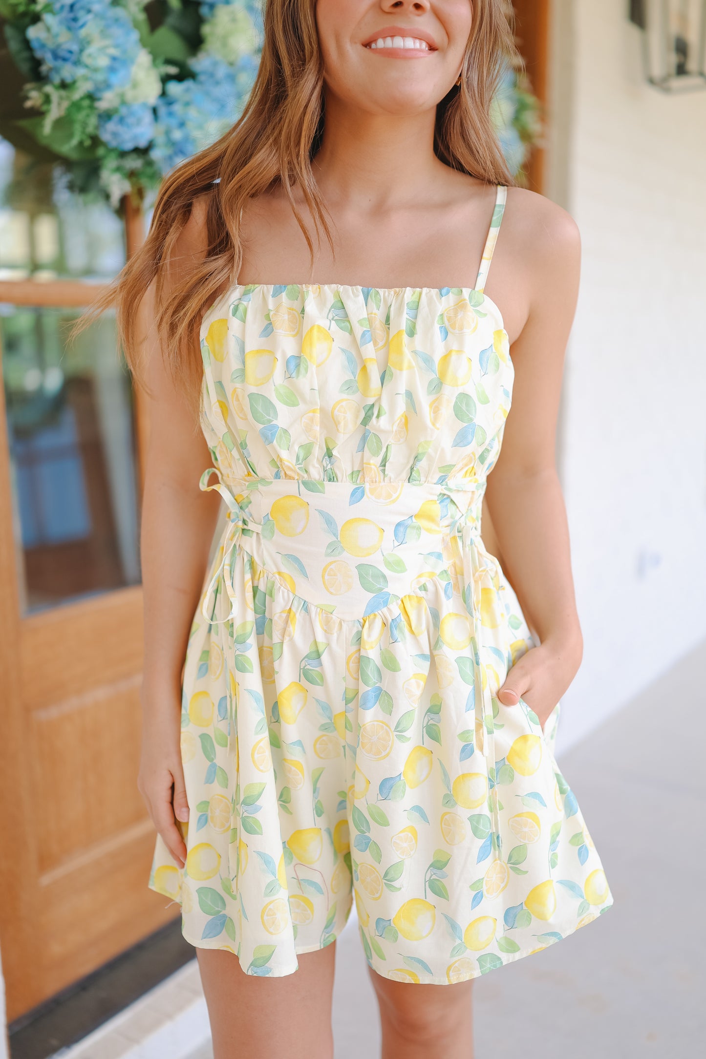 Antonia Citrus Lace-Up Smocked Romper - Lemon