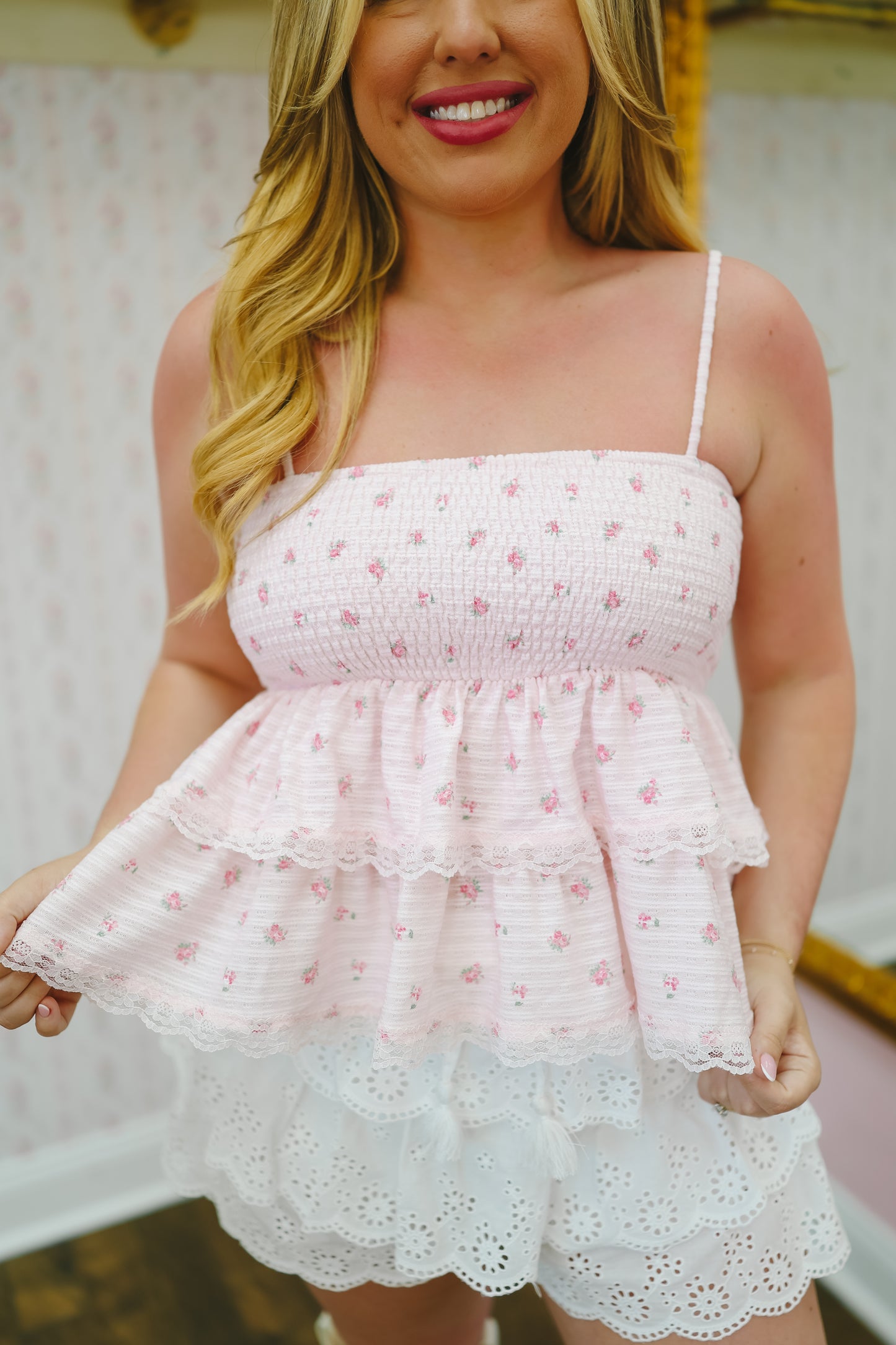 Dannie Ditsy Floral Scallop Lace Top - Pink