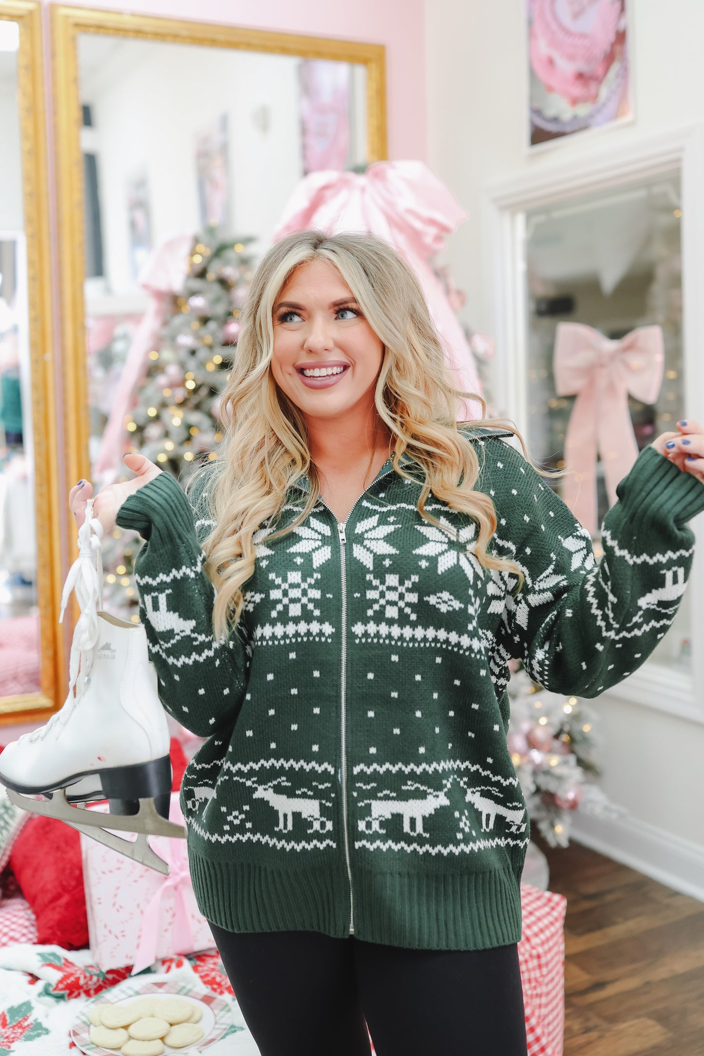 Holiday Cheer Zip-Up Sweater Jacket - Hunter Green