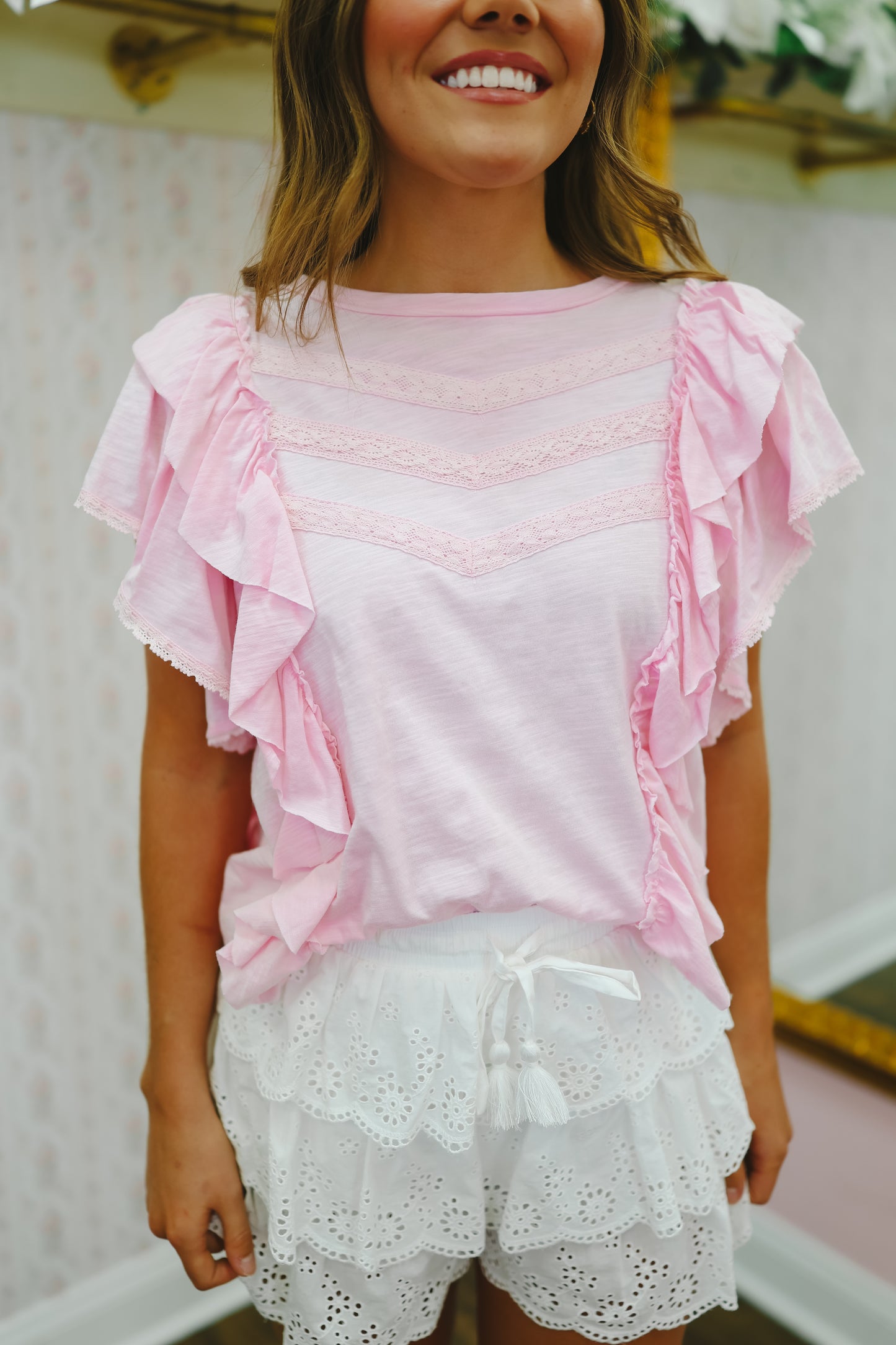 Lillie Lace Ruffle Top - Pink