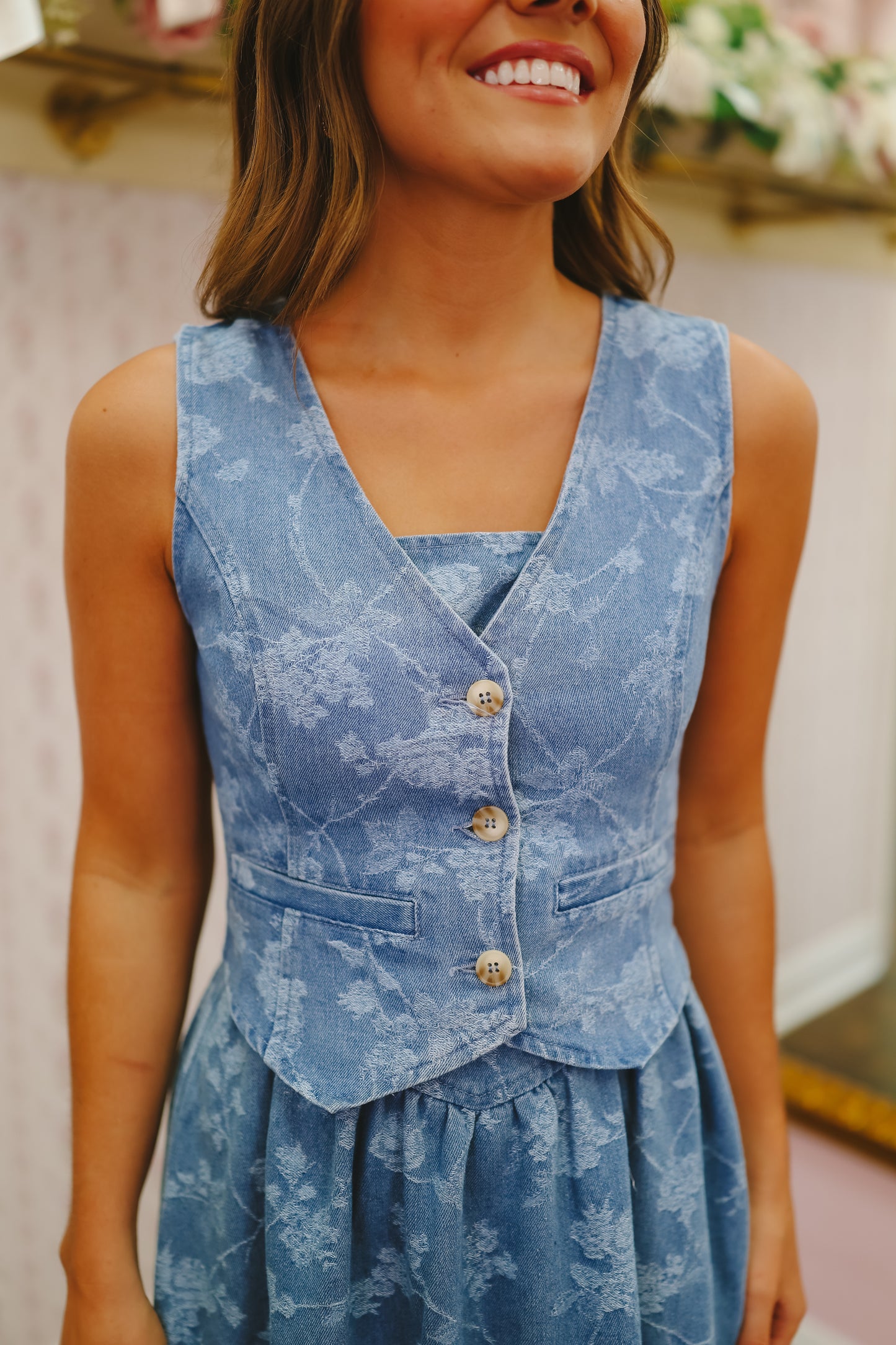 Skye Floral Jacquard Denim Vest - Medium Wash