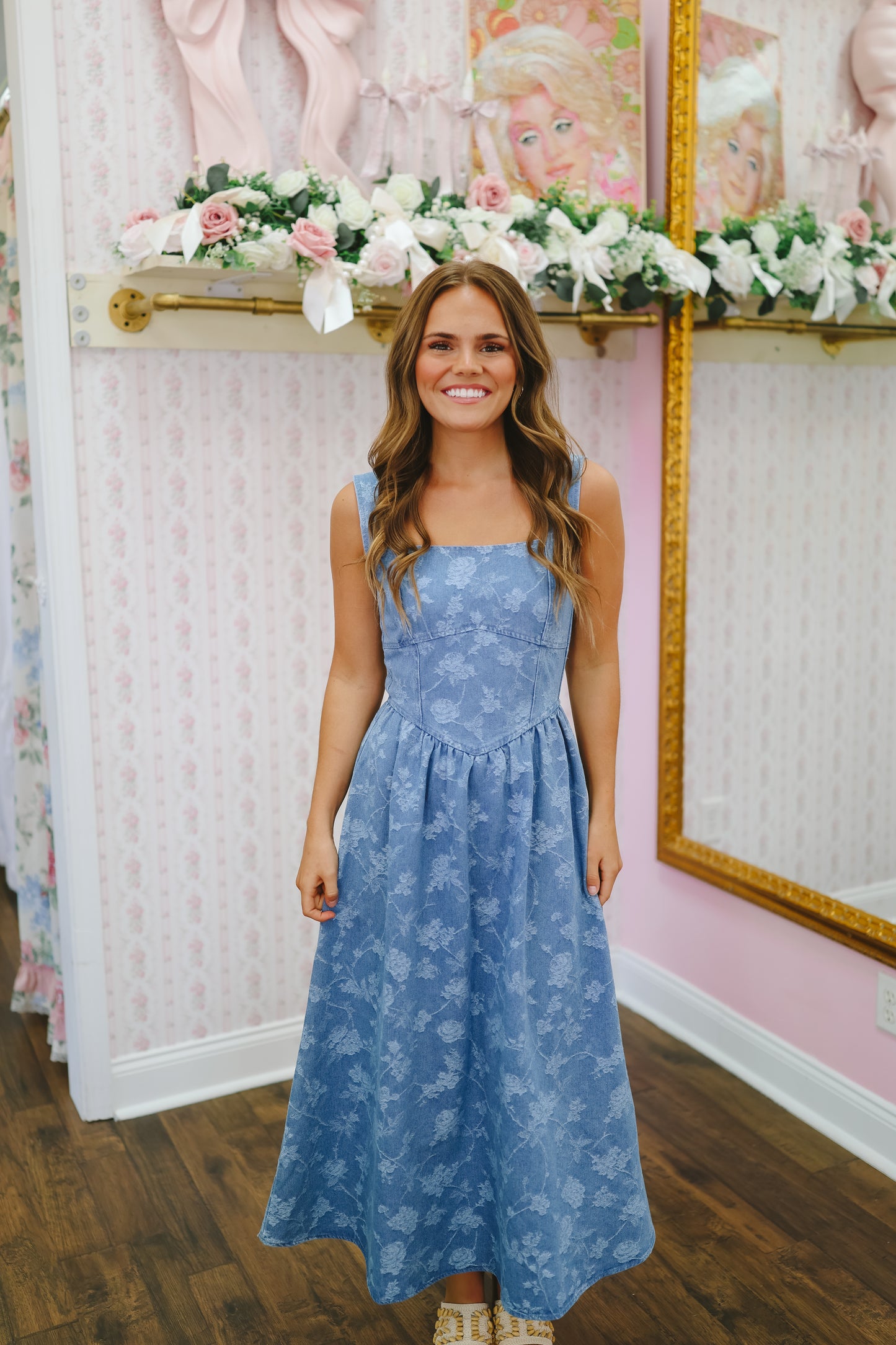 Adrien Floral Denim Jacquard Corset Dress - Medium Wash