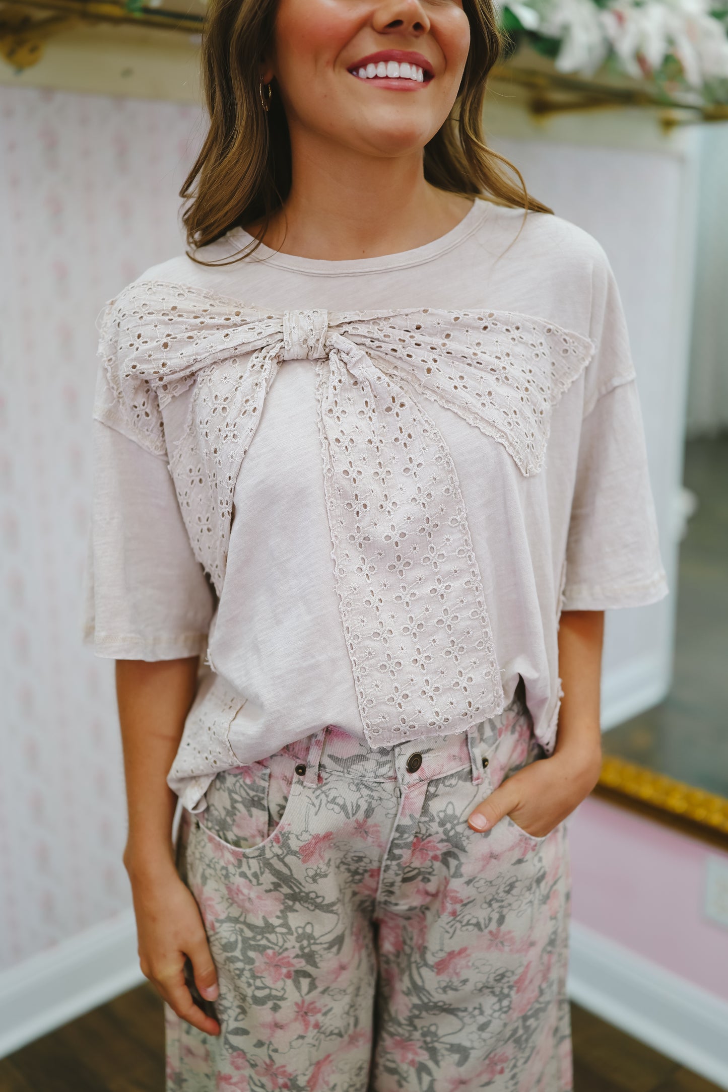 Monica Bow Eyelet Top - Sand