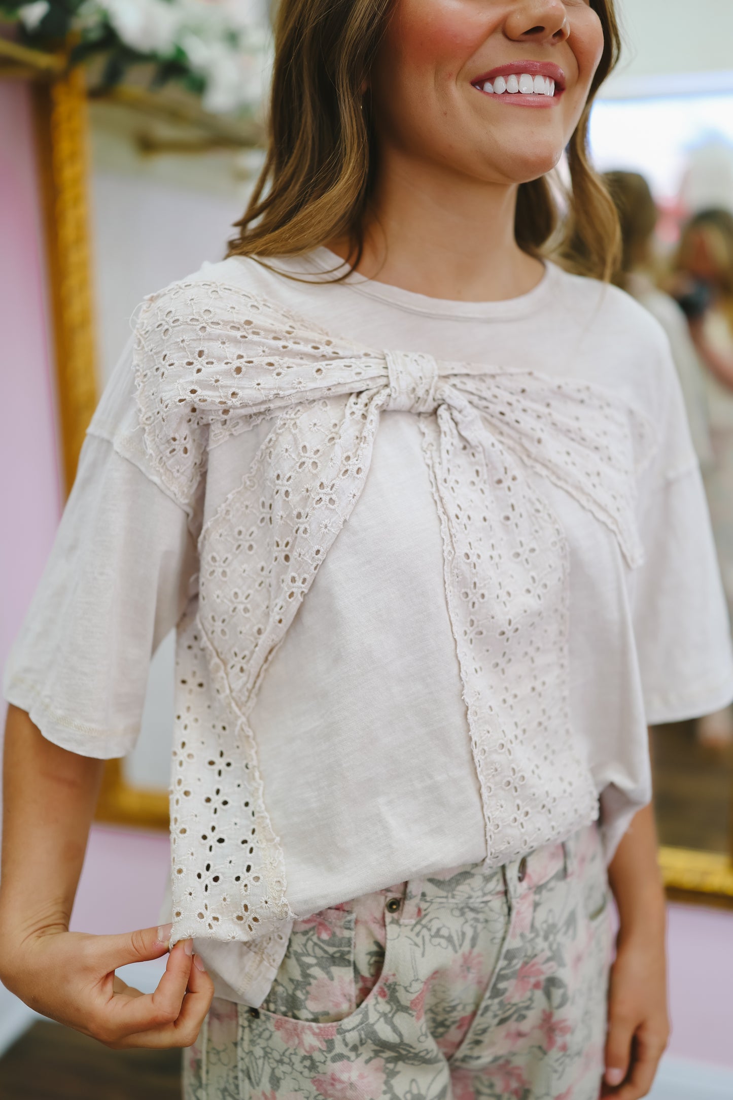 Monica Bow Eyelet Top - Sand