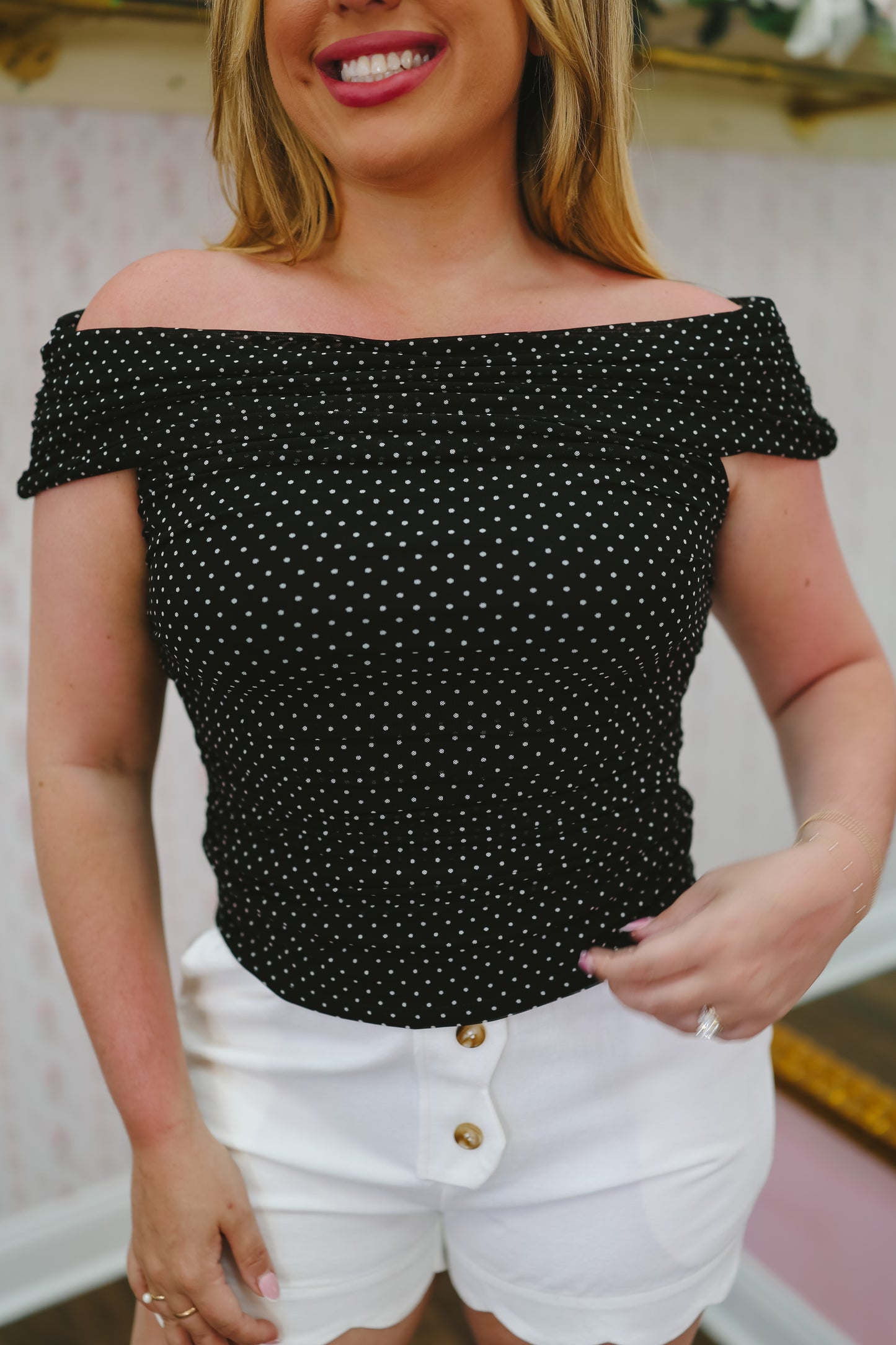 Porter Polka Dot Off Shoulder Top - Black