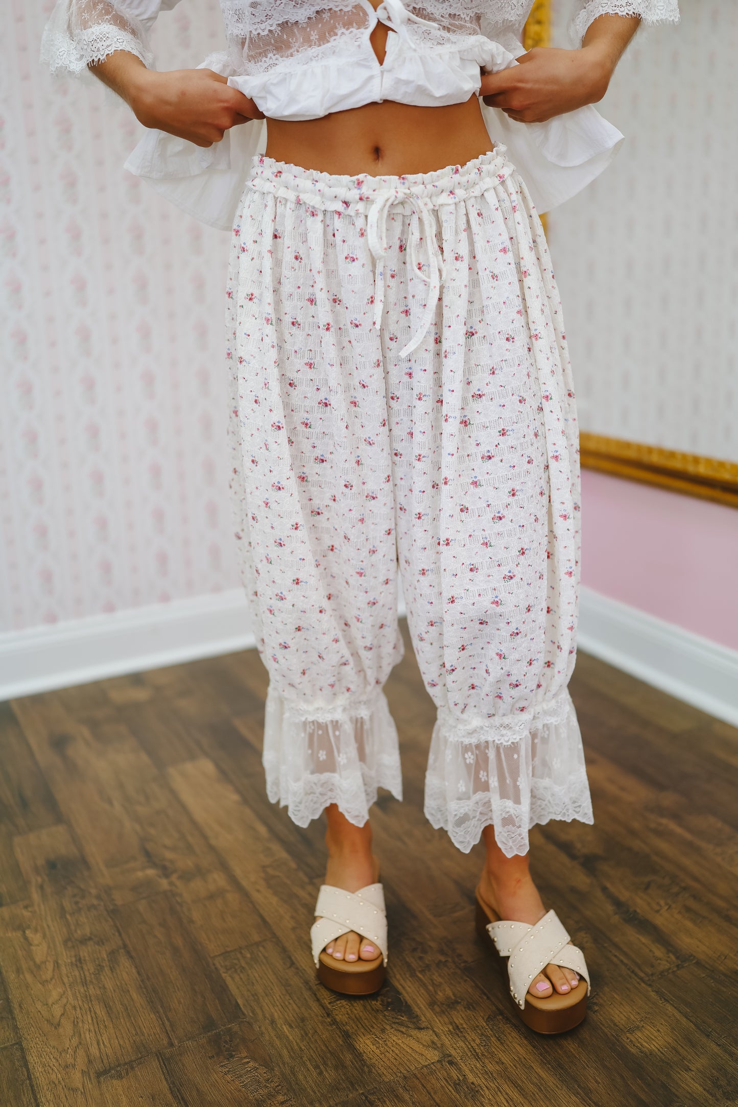 Faith Floral Lace Trim Pants - Ivory