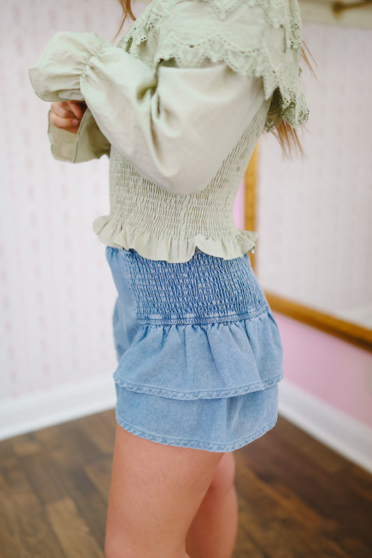 Clementine Ruffle Smocked Elastic Denim Shorts - Medium Wash