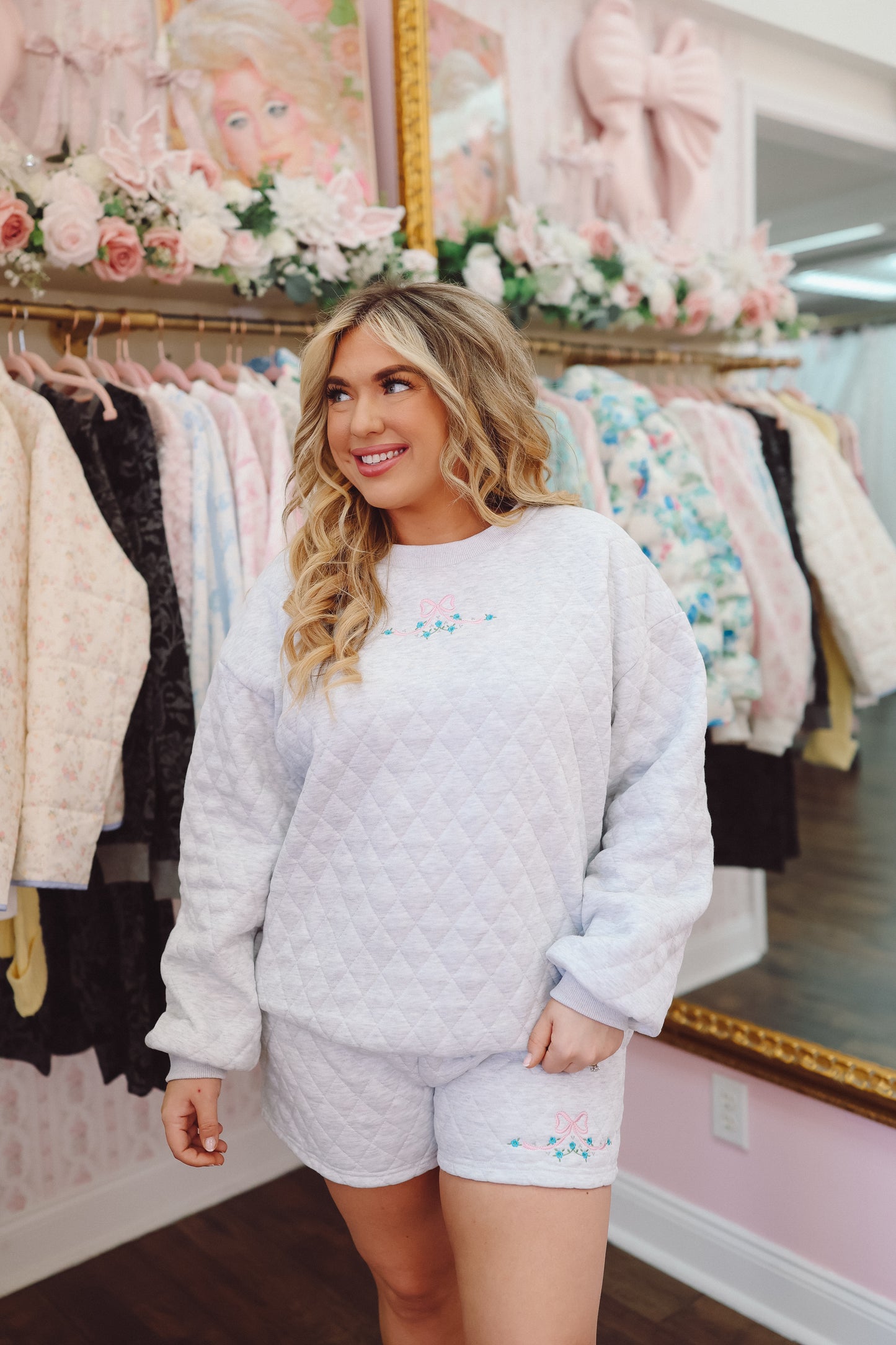 Stephanie Embroidered Quilted Set - Heather Grey