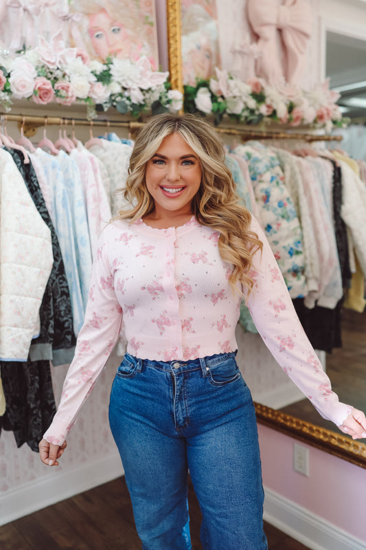 Coralie Floral Scalloped Edge Cardigan - Pink