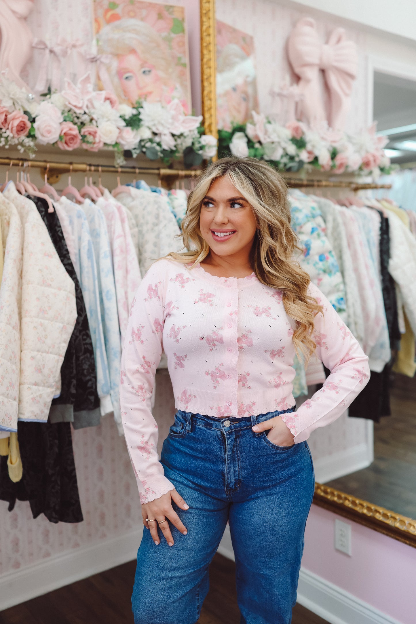 Coralie Floral Scalloped Edge Cardigan - Pink