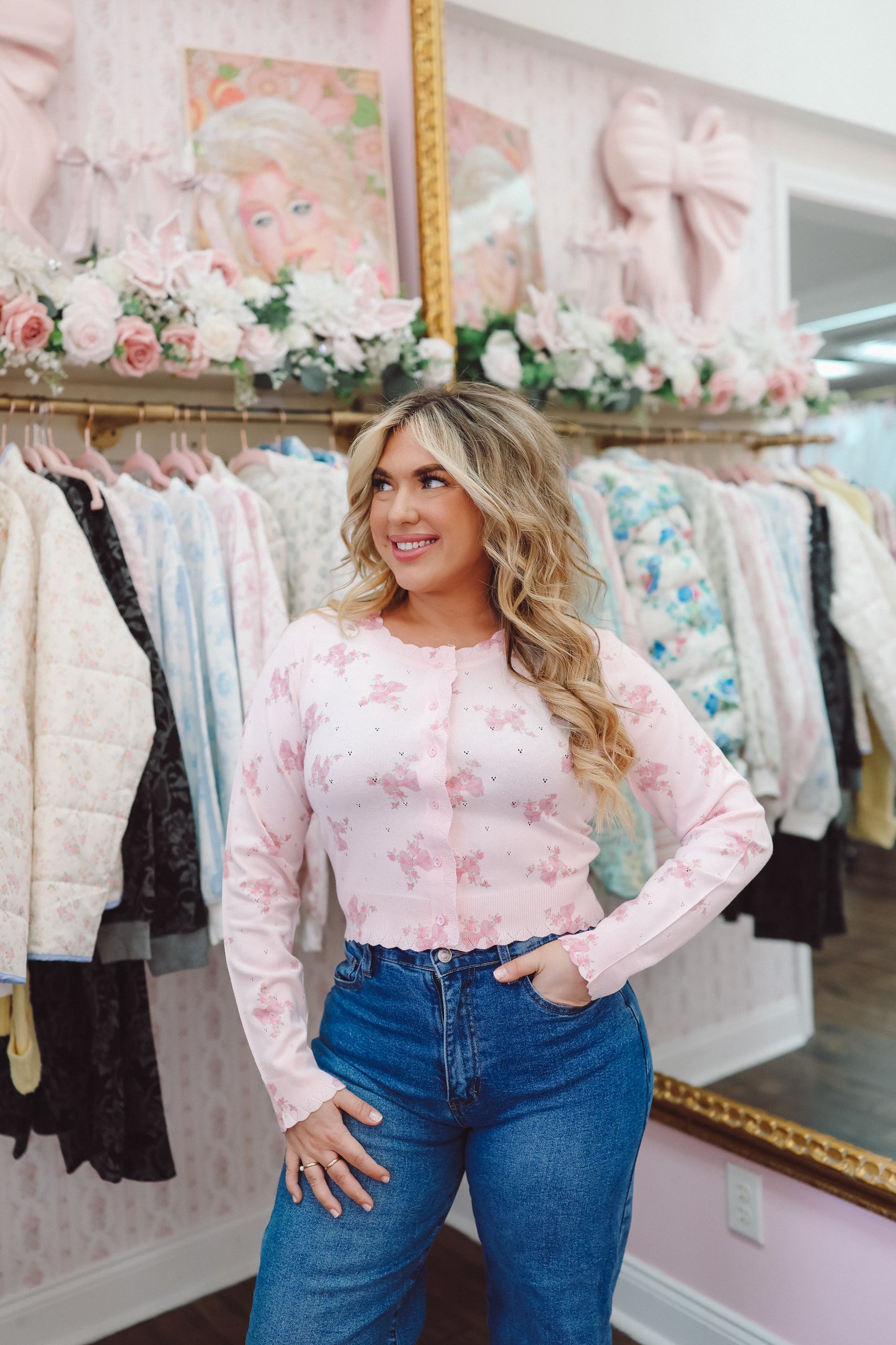 Coralie Floral Scalloped Edge Cardigan - Pink