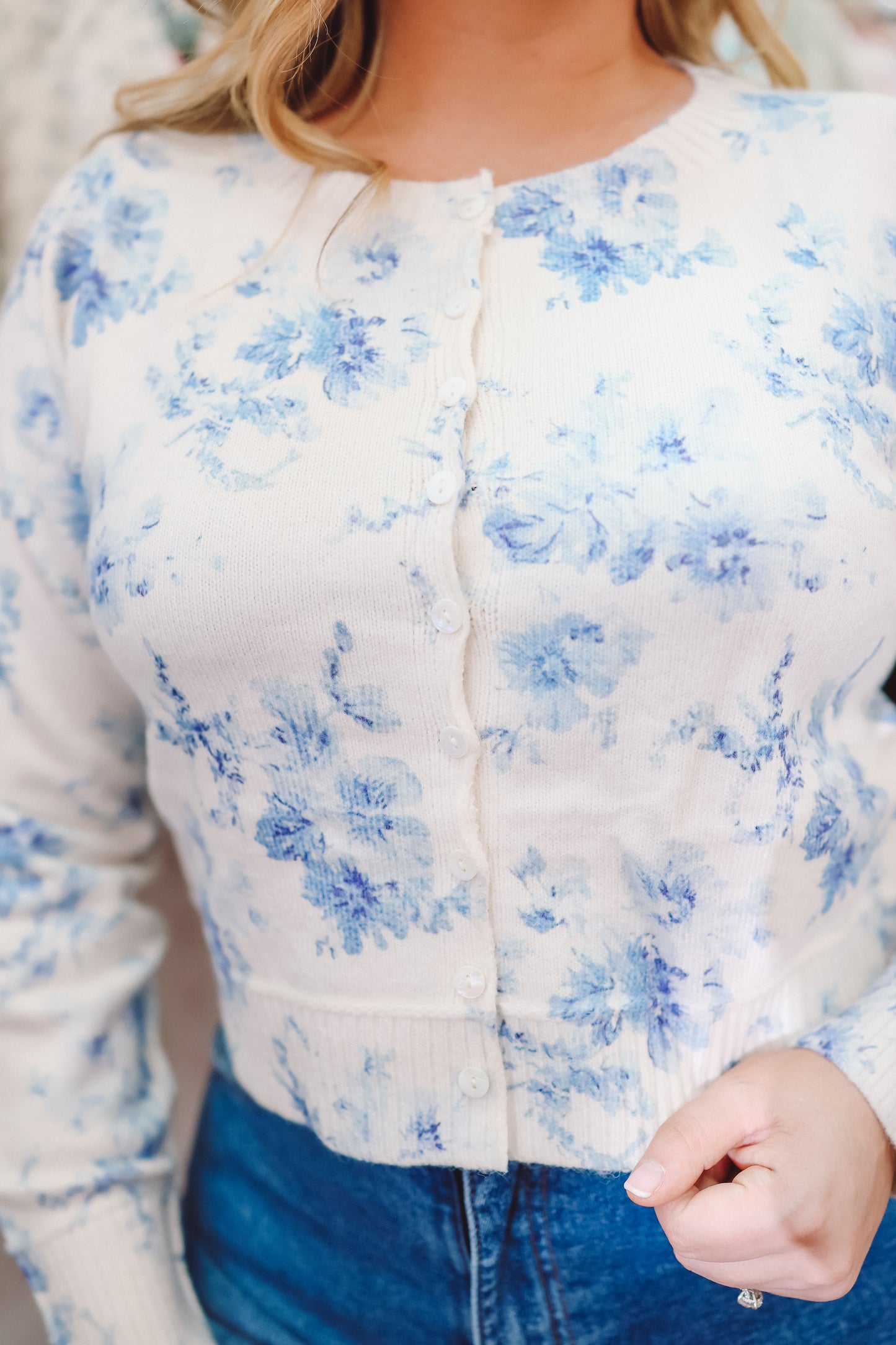 Leigh Vintage Floral Button Down Cardigan - Ivory/Blue