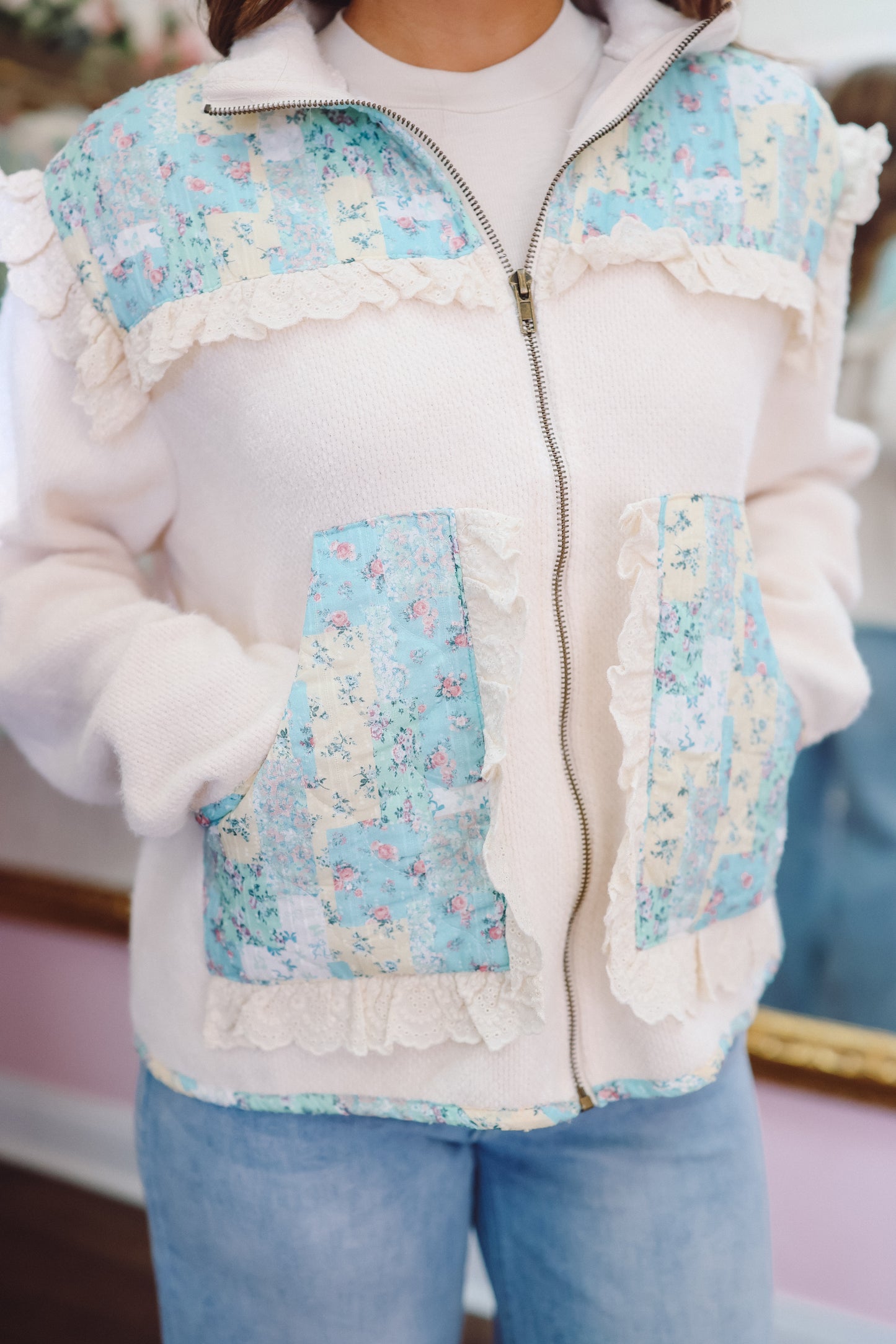 Harley Patchwork Ruffle Fleece Jacket - Butter Blue